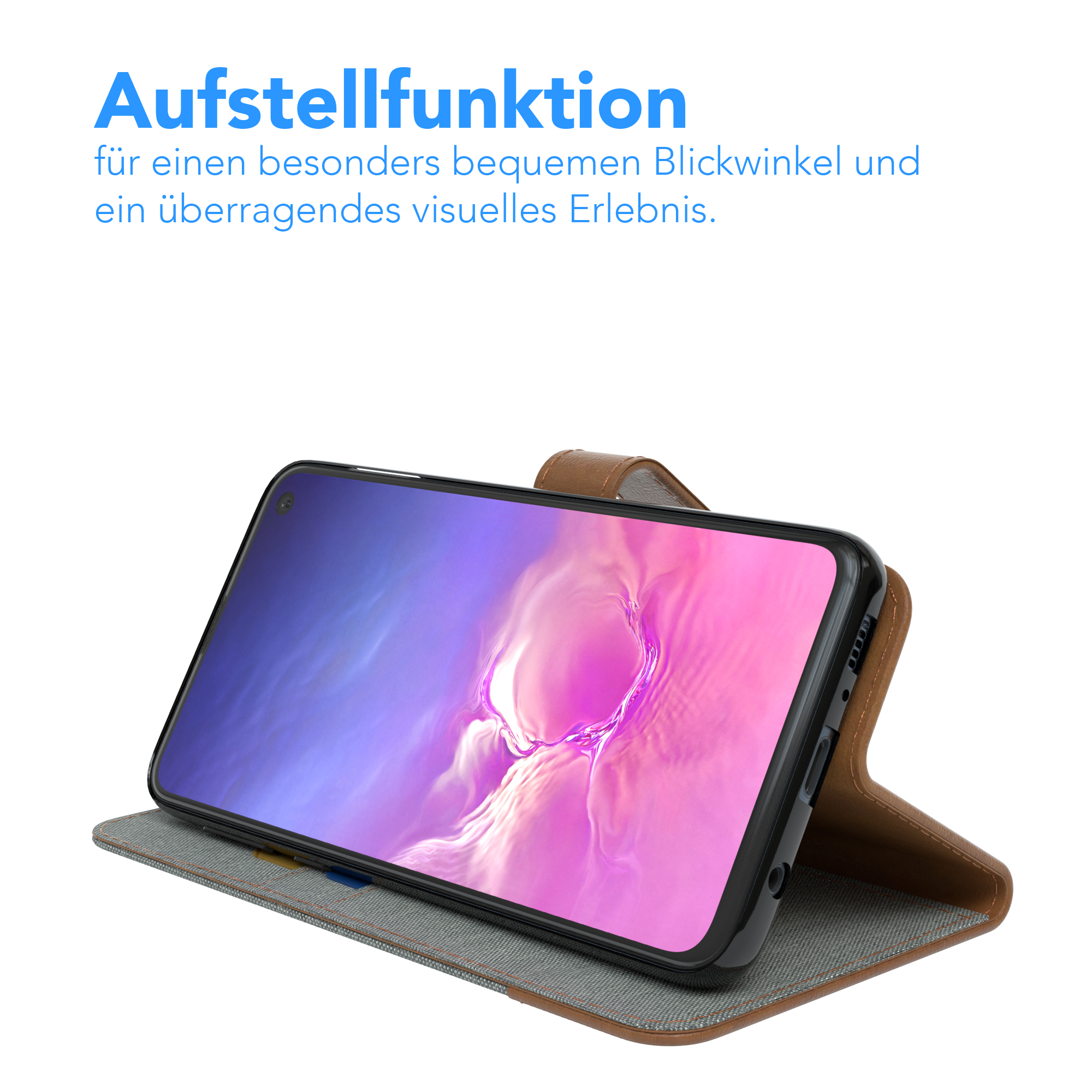 Telefon in einer Hülle, geöffnet, aufgestellt. Der Bildschirm ist sichtbar.
