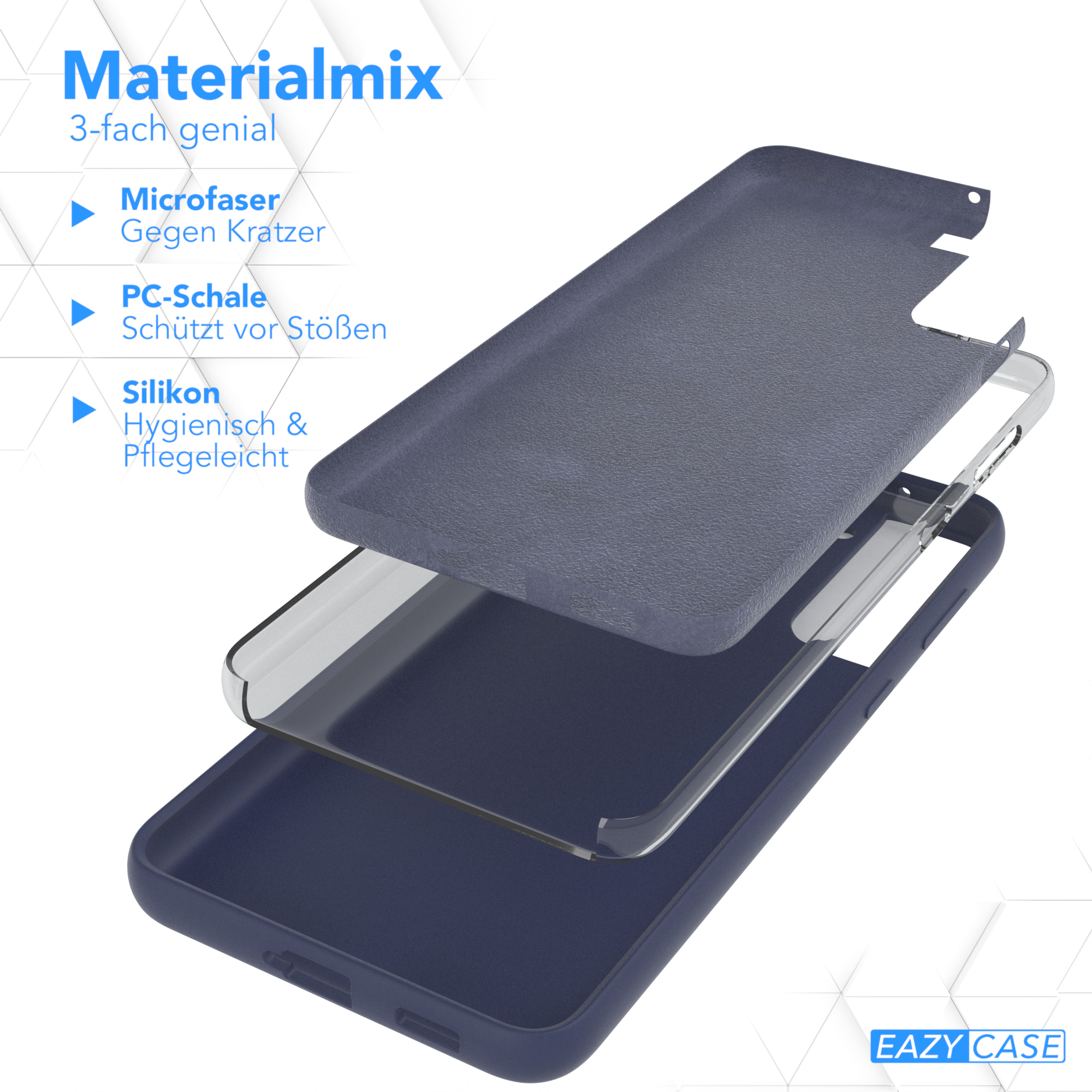 Blaue Handyhülle: Mikrofaser, PC-Schale und Silikon. Text: Materialmix, 3-fach genial.