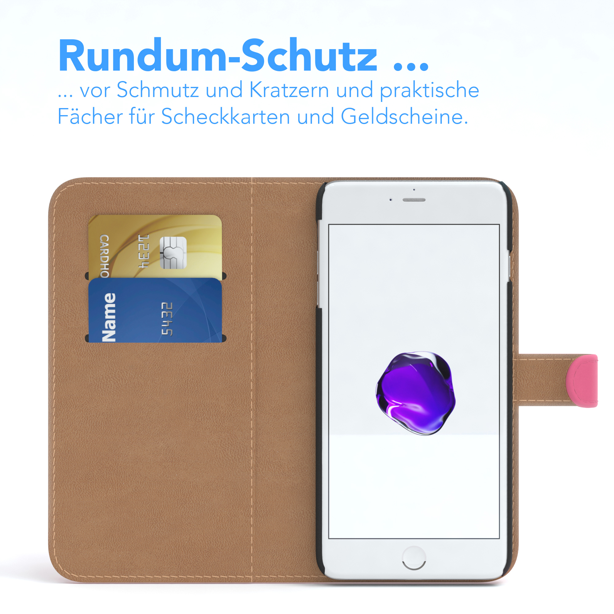 Telefon mit Karten in brauner Hülle. Text über Schutz und Kartenfächer.