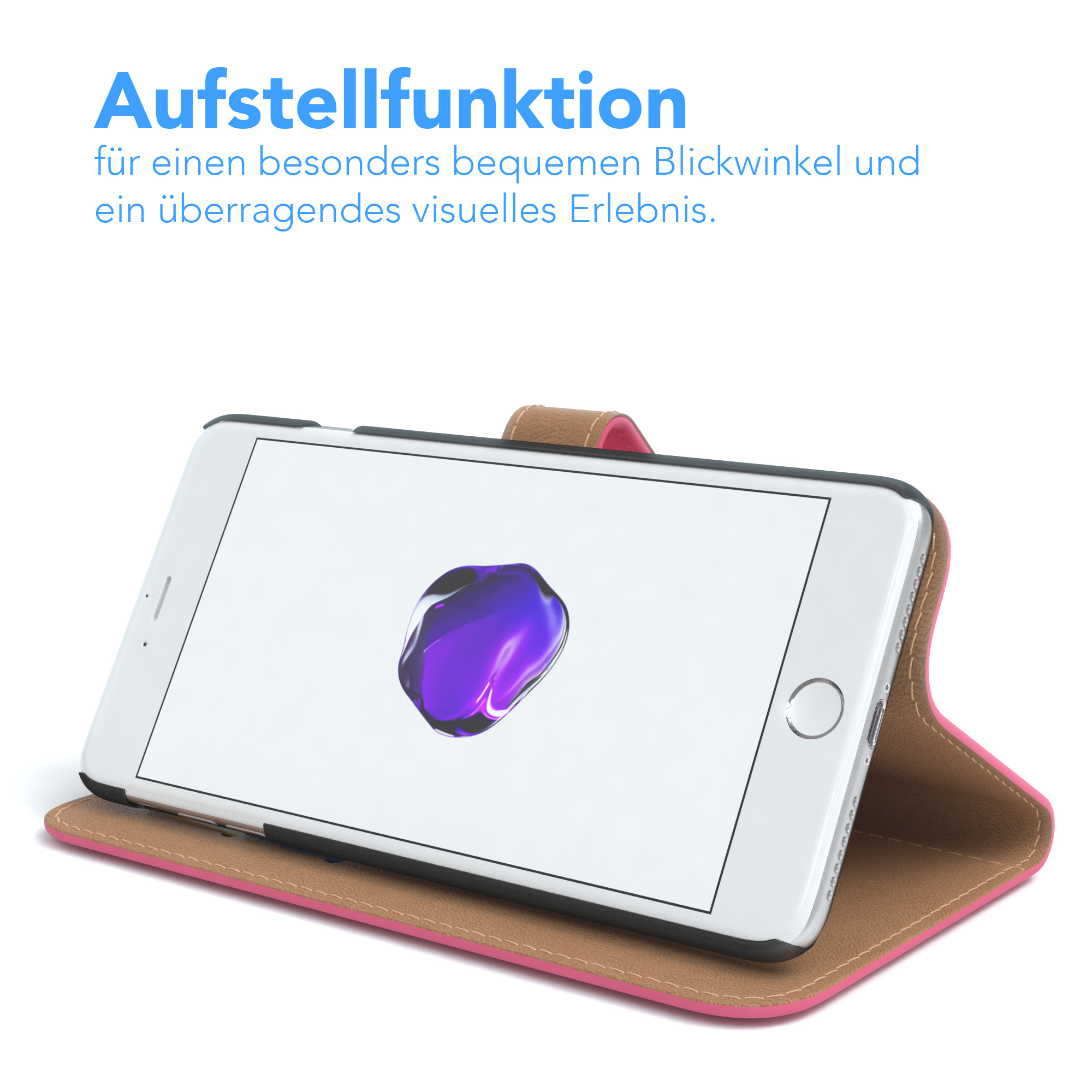 Weißes Telefon in rosa und brauner Hülle, geöffnet. Hülle zum Betrachten angewinkelt. Weißer Hintergrund. Telefonbildschirm sichtbar.