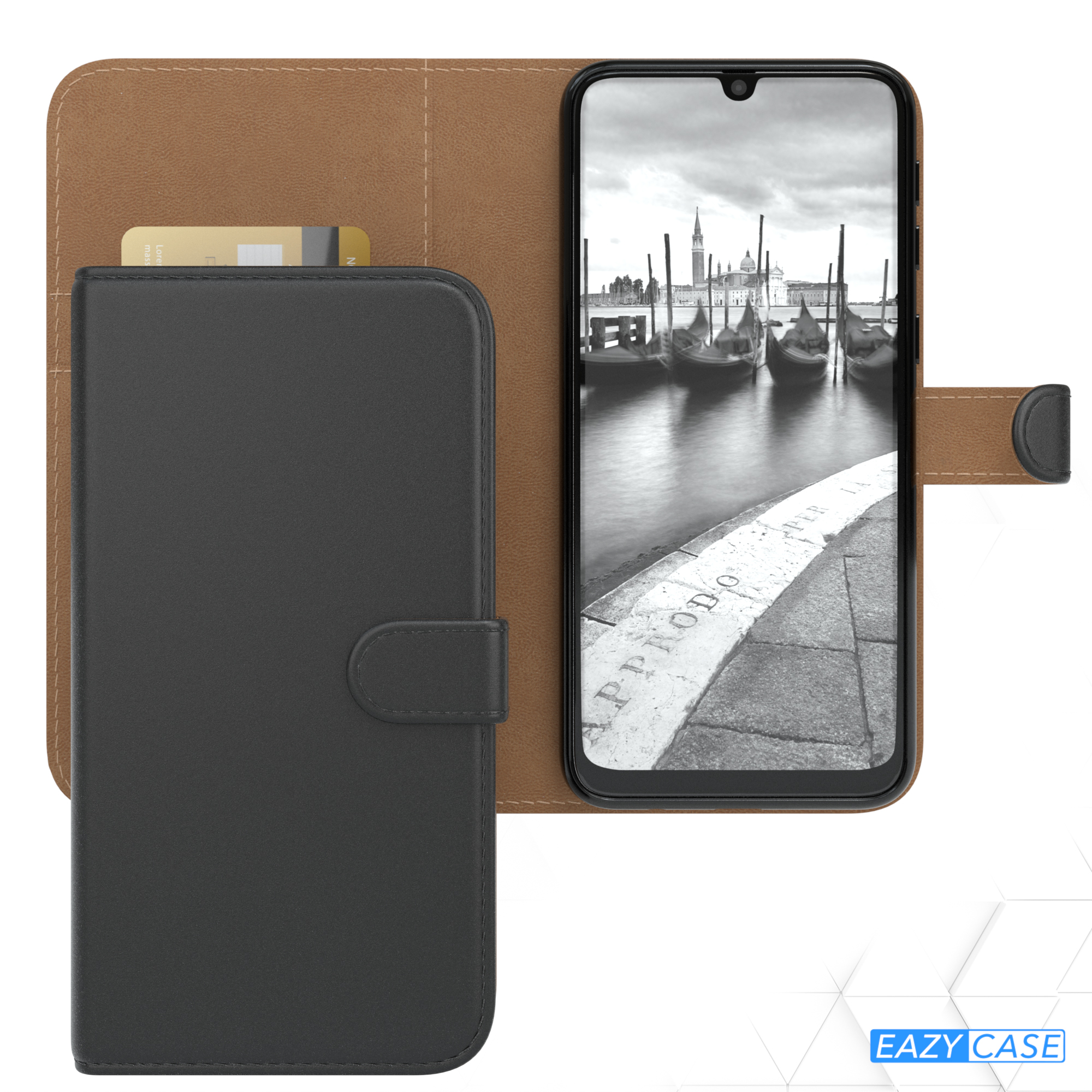 Schwarze Handyhülle offen mit Telefon, das ein Schwarz-Weiß-Bild von Booten zeigt.
