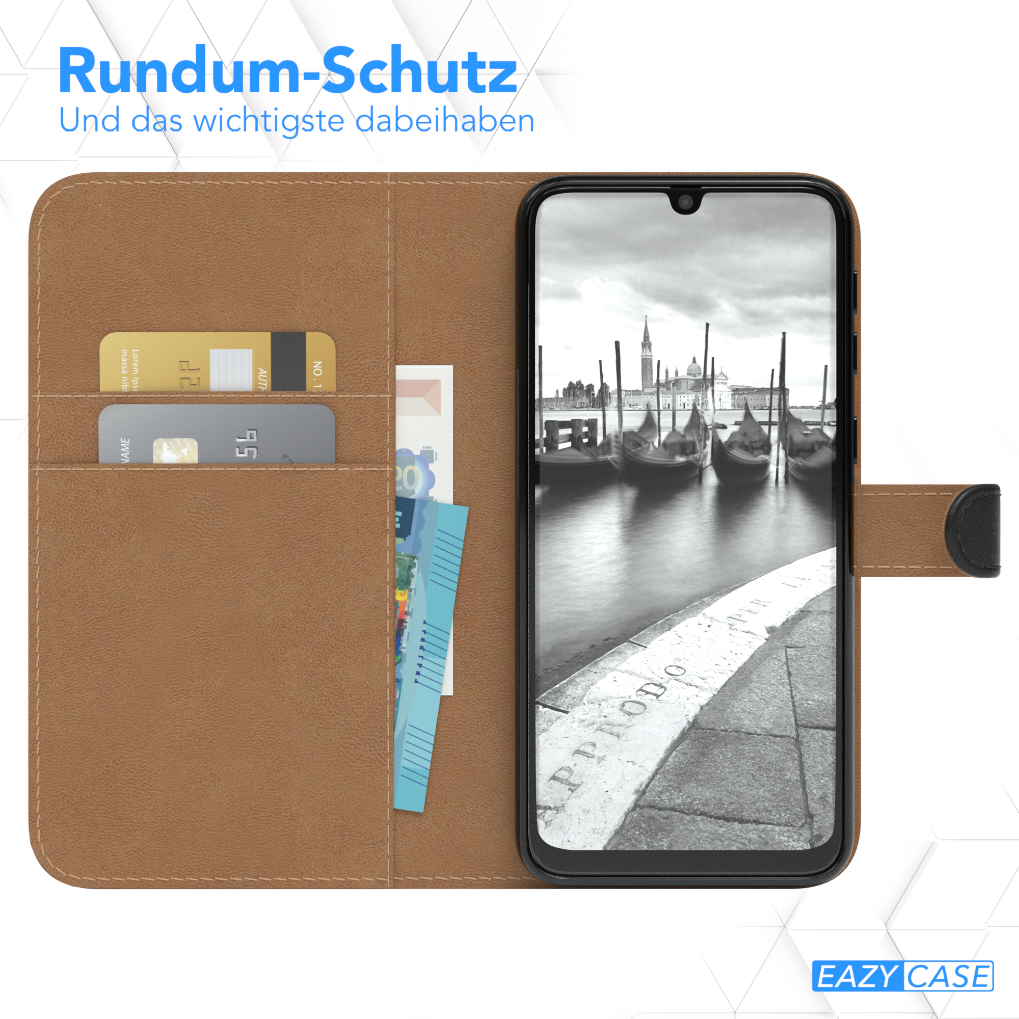 Braune Handyhülle mit Karten, Geld und Venedig-Ansicht.