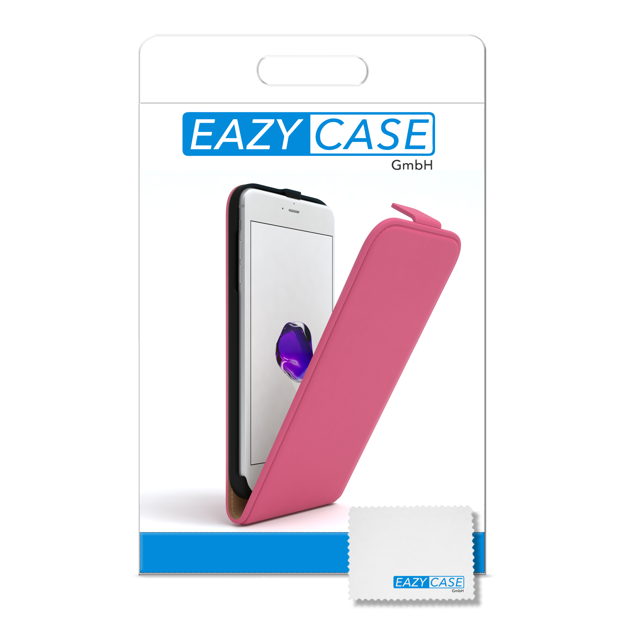 Pinkfarbene Handyhülle mit Telefon, verpackt in weißer Box mit Reinigungstuch, Produktpräsentation.