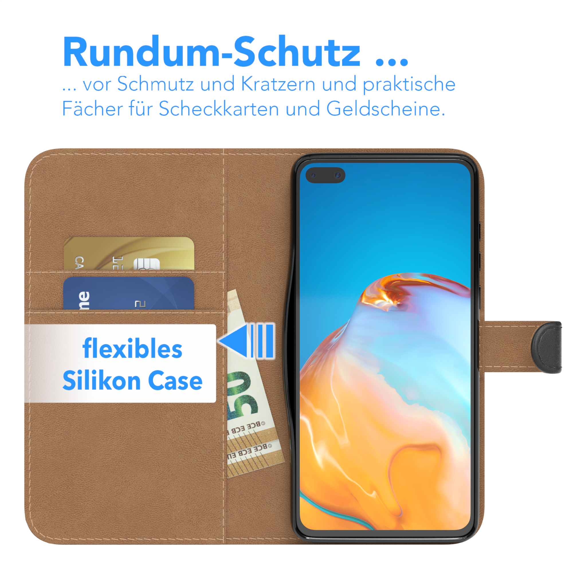 Geöffnete Handyhülle mit Karten und Bargeld, flexiblem Silikon-Case und Telefon. Braun- und Beigetöne.
