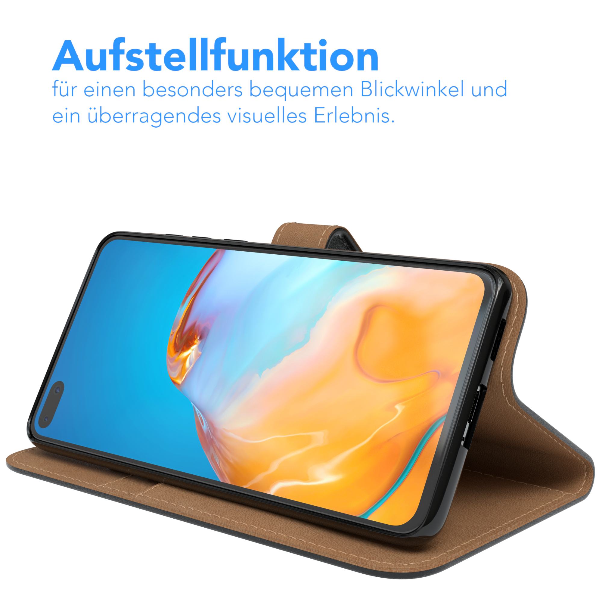 Eine braune Handyhülle mit einem Telefon darin, ist geöffnet. Der Bildschirm zeigt einen blauen Hintergrund.
