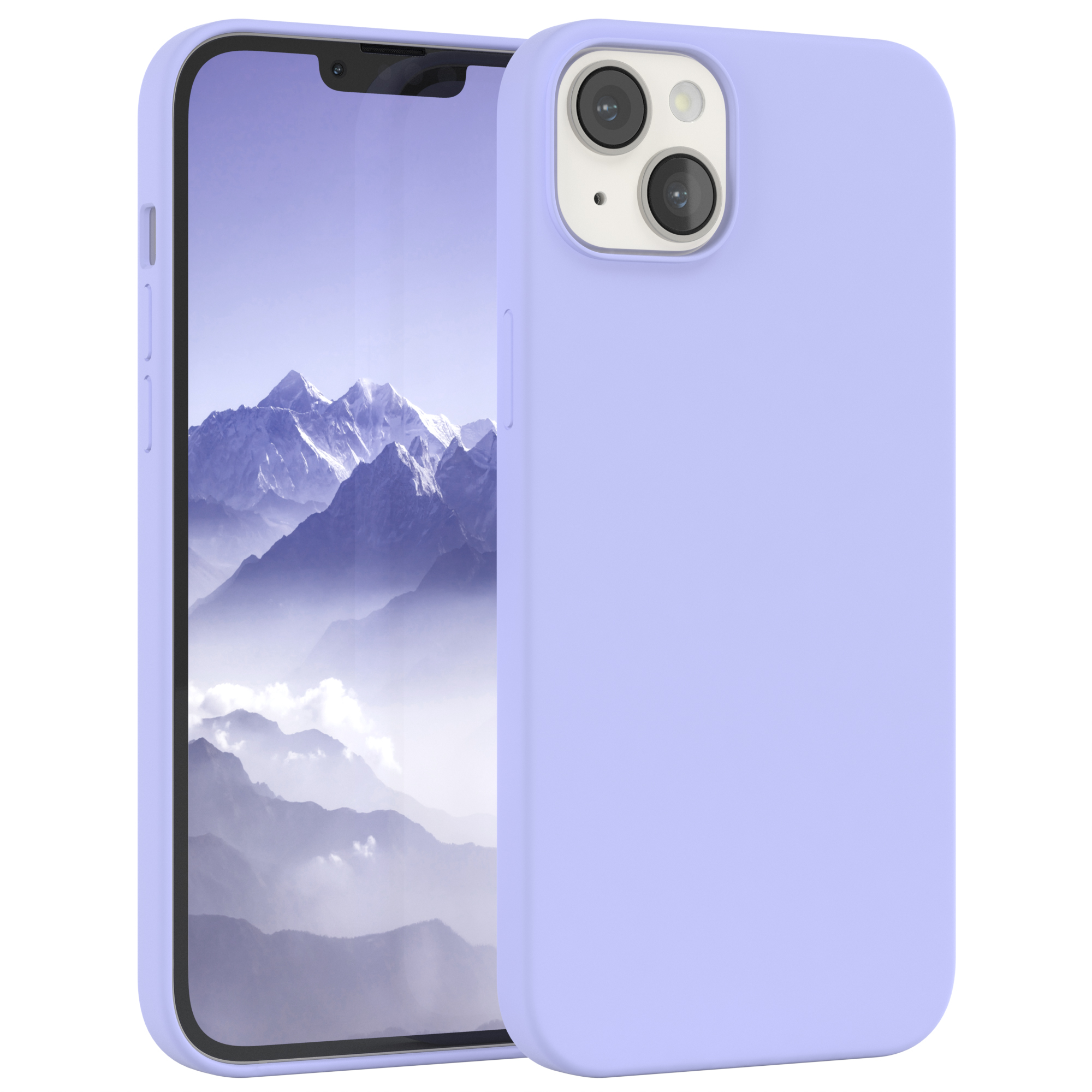 Hellviolette Handyhülle mit Apple-Logo. Das Telefon ist hellviolett, mit eingeschaltetem Bildschirm.