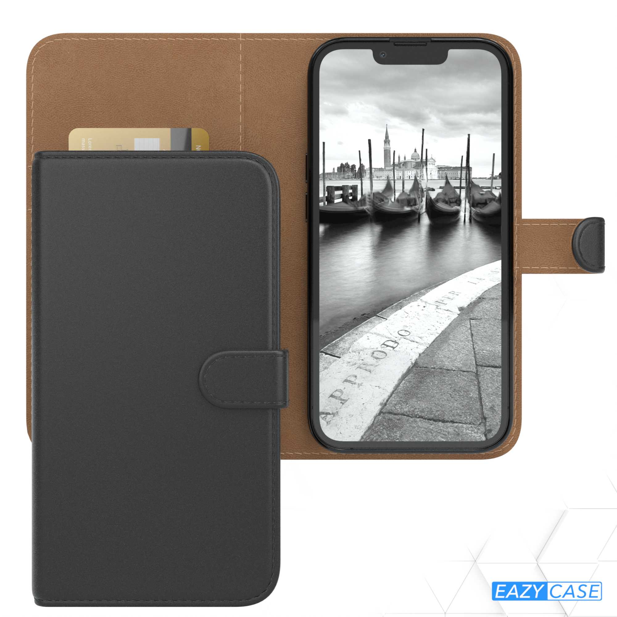 Handyhülle mit Telefon. Braun und schwarz. Schwarz-weißes Bild von Venedig auf dem Telefon.