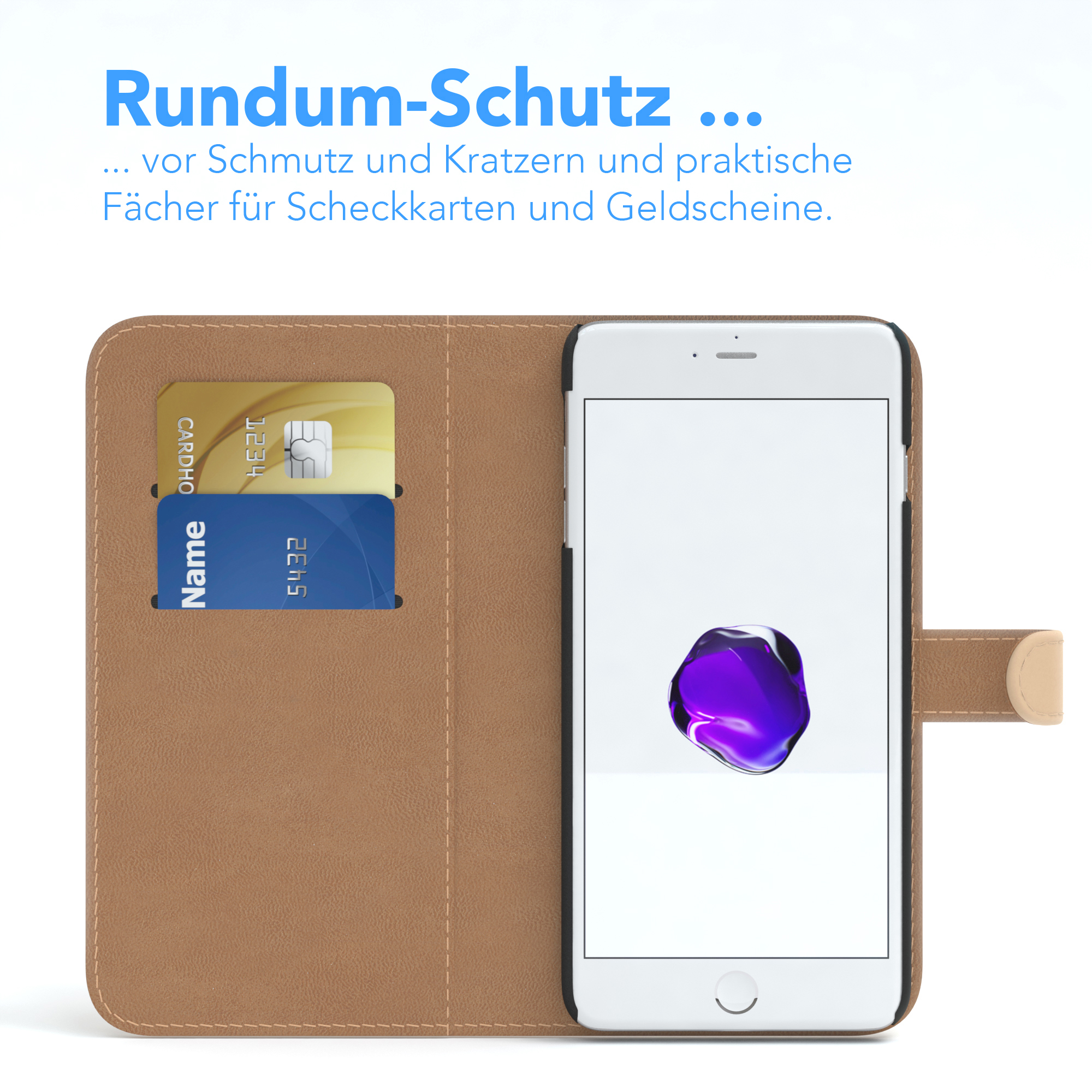 Braune Handyhülle mit Karten im Inneren und einem Telefon rechts. Text auf Deutsch, weißer Hintergrund.