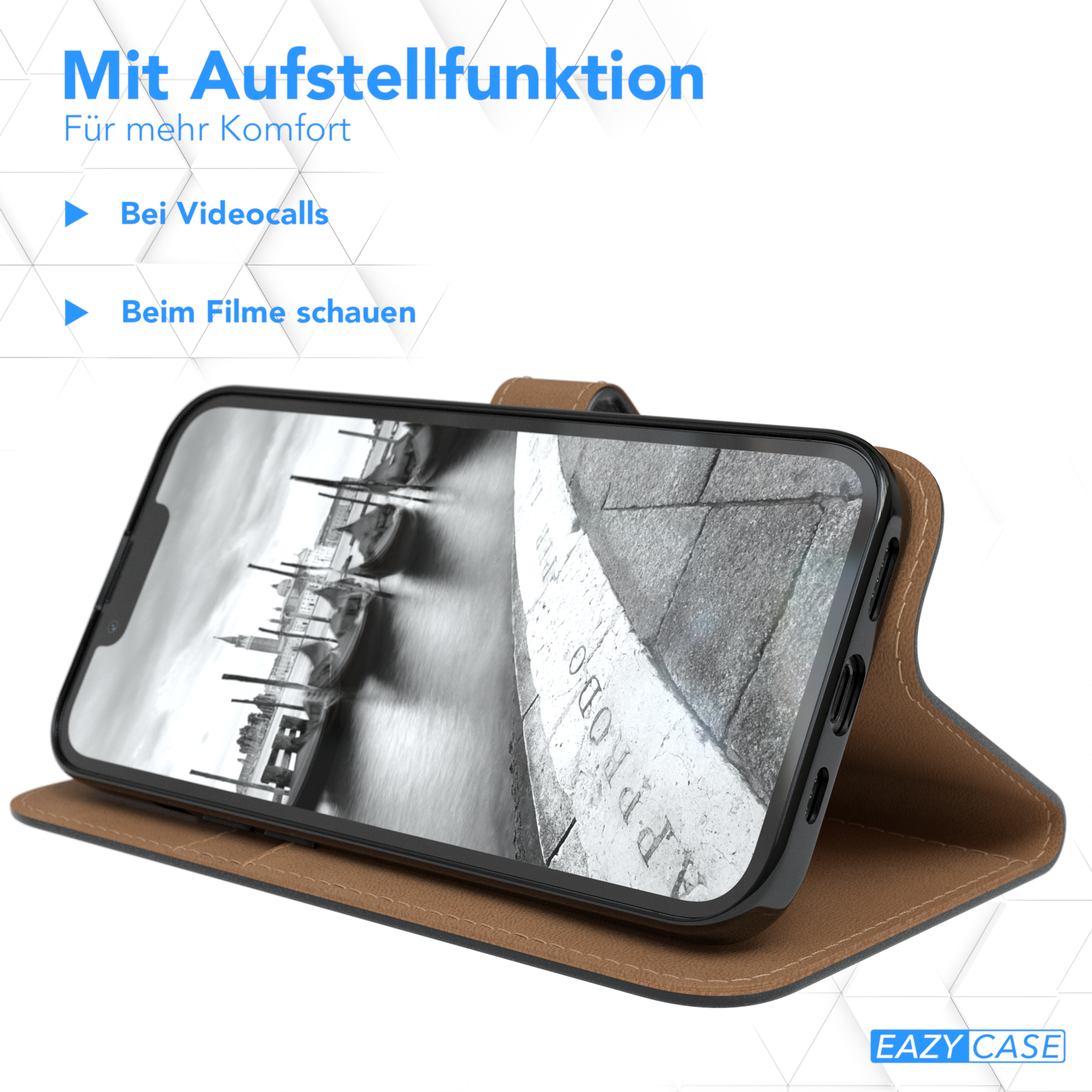 Telefon in brauner Hülle, geöffnet, zeigt einen Bildschirm mit Stadtbild.