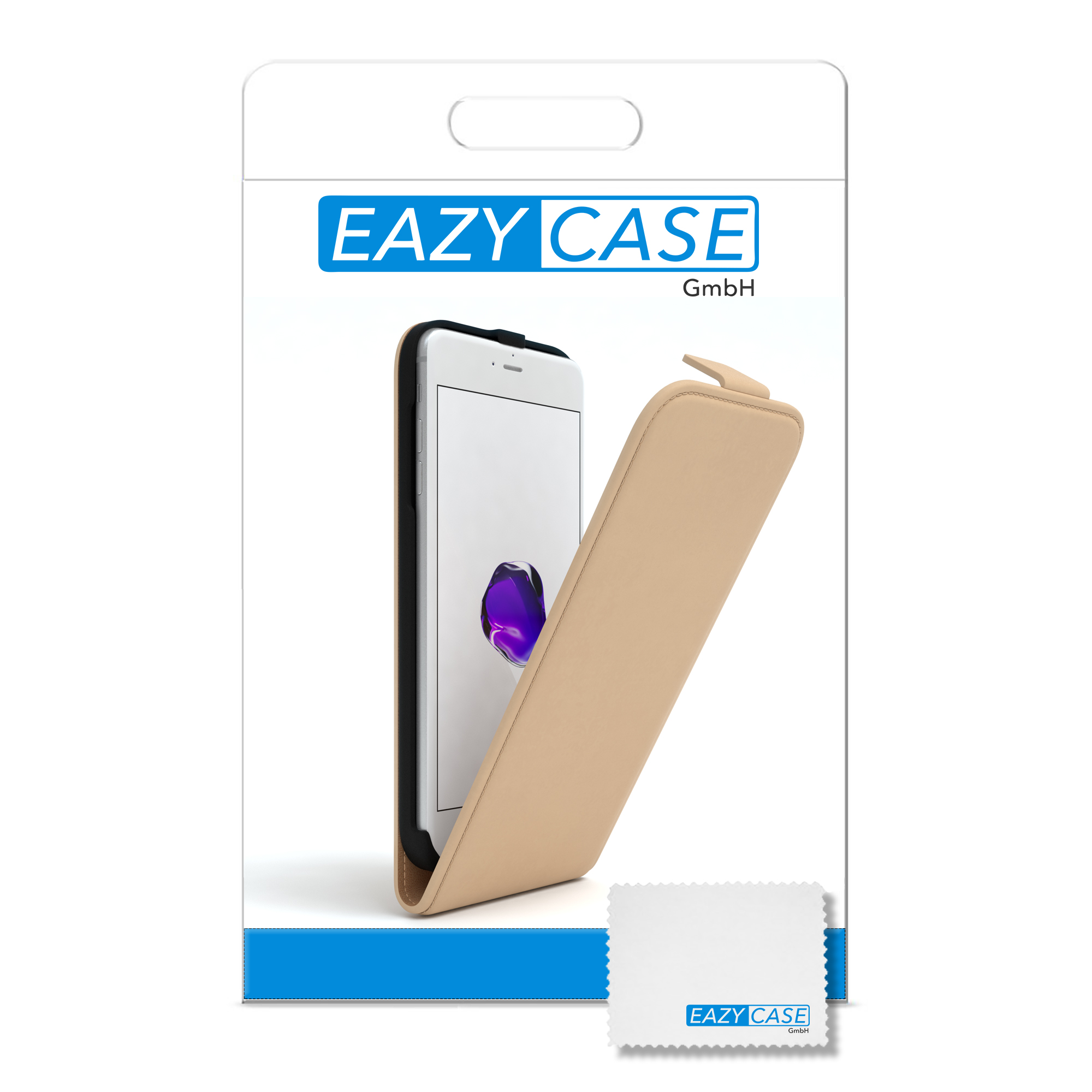 Eine Handyhülle in einer weißen Box, mit einem Telefon darin und einem kleinen Tuch.