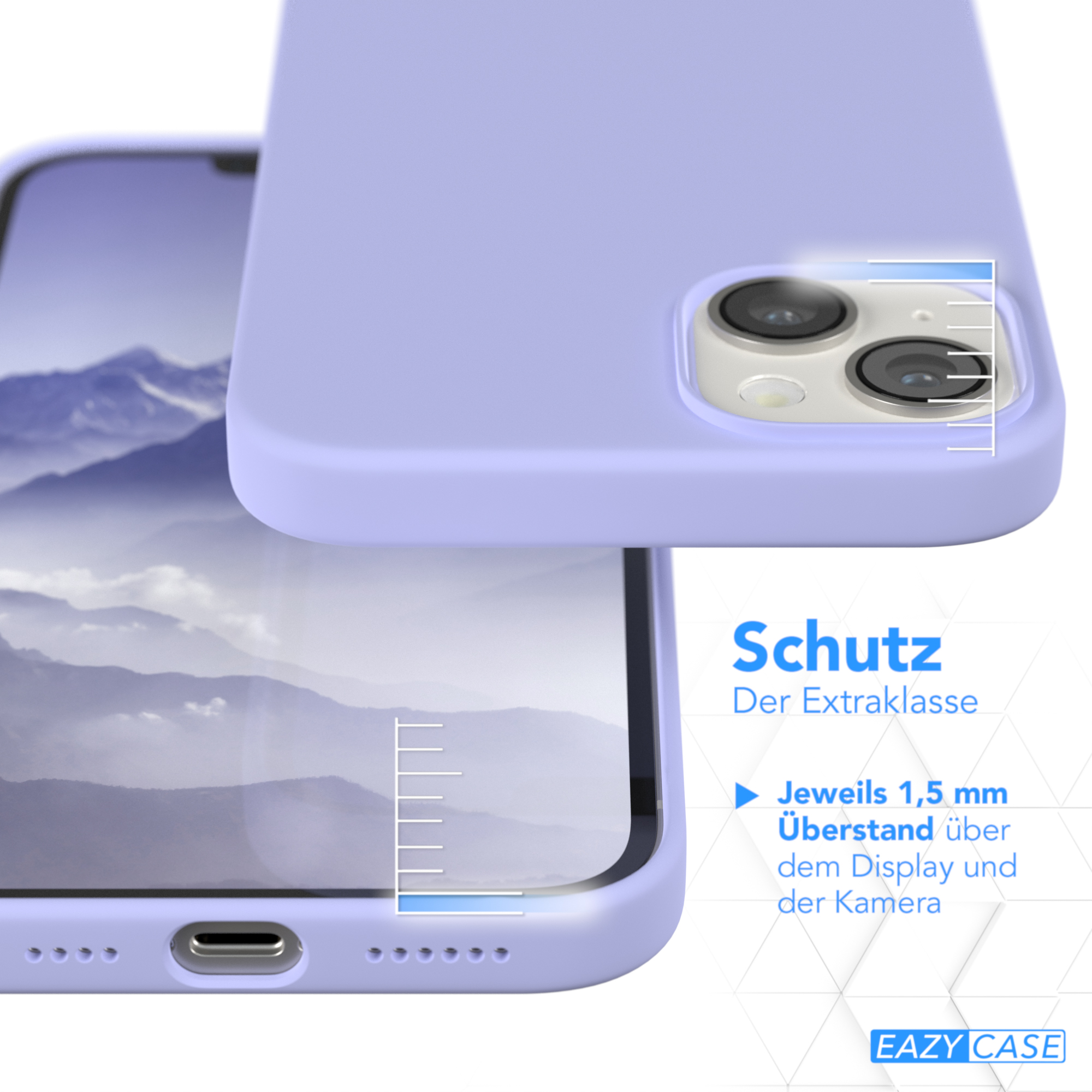 Eine lila Handyhülle neben einem Telefon. Text: Schutz. 1,5 mm über dem Display.