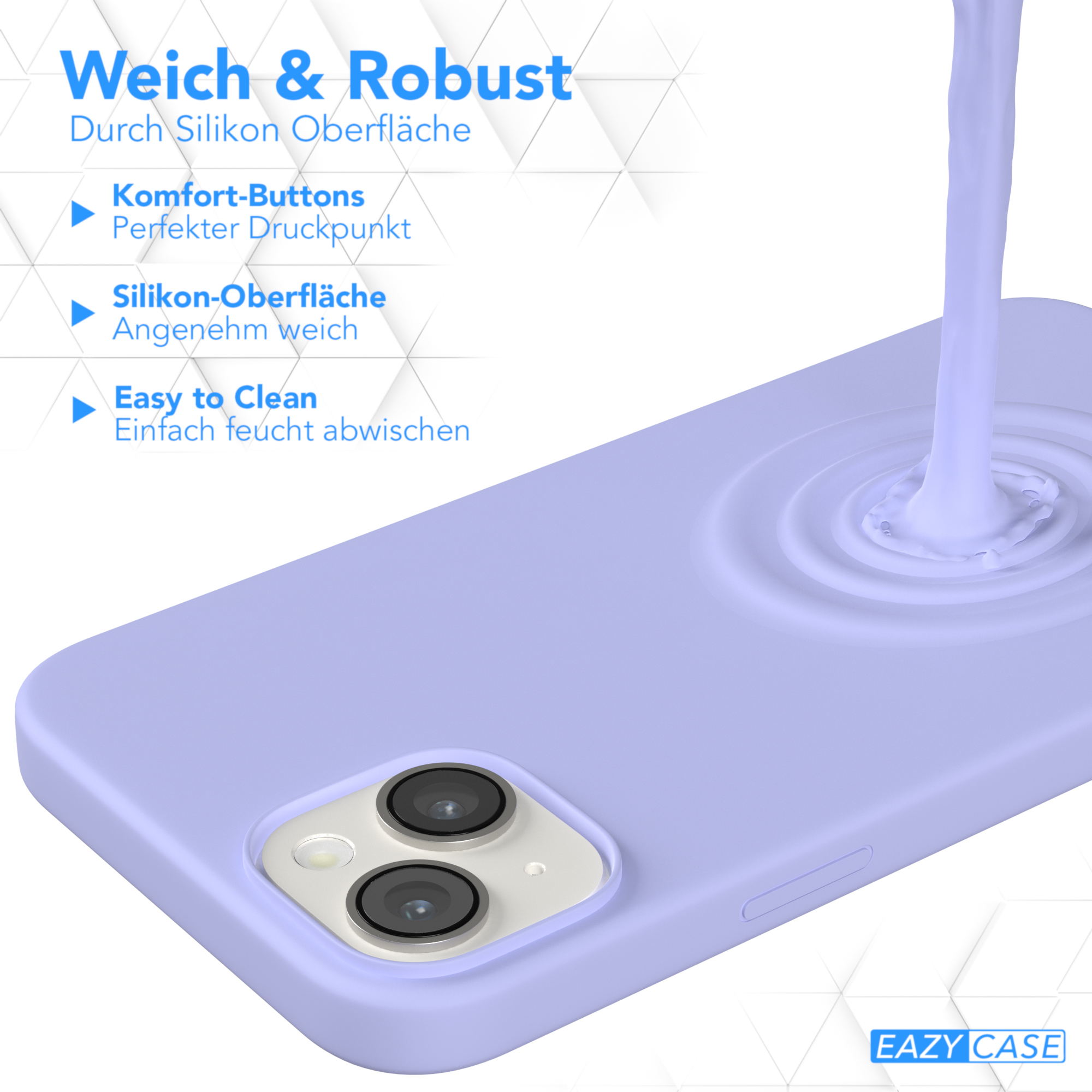 Lila Handyhülle mit Telefon, wasserähnliche Flüssigkeit spritzt oben.