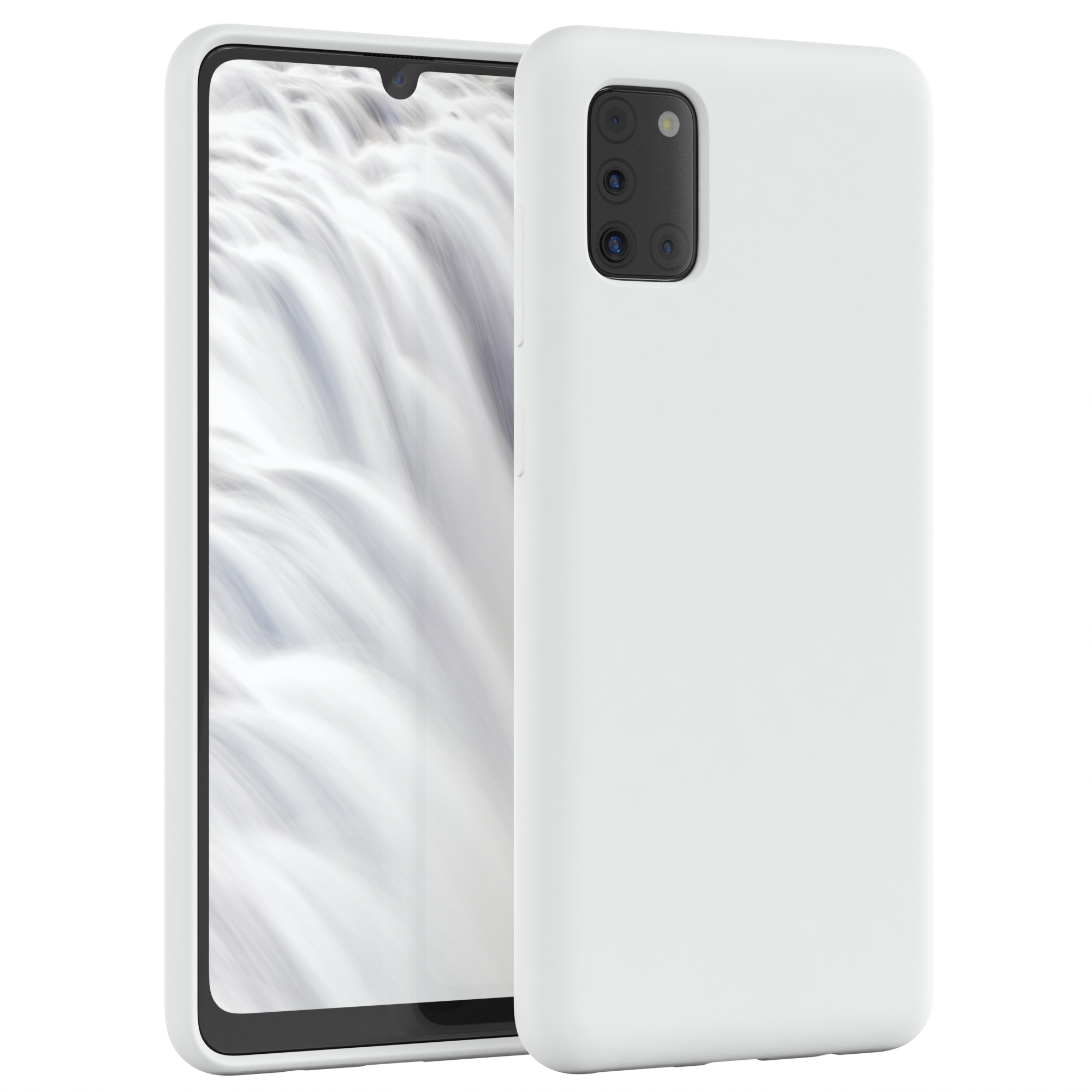 Weiße Handyhülle mit einem Telefon, das einen weißen Hintergrund zeigt. Die Handyhülle hat drei Kameras.