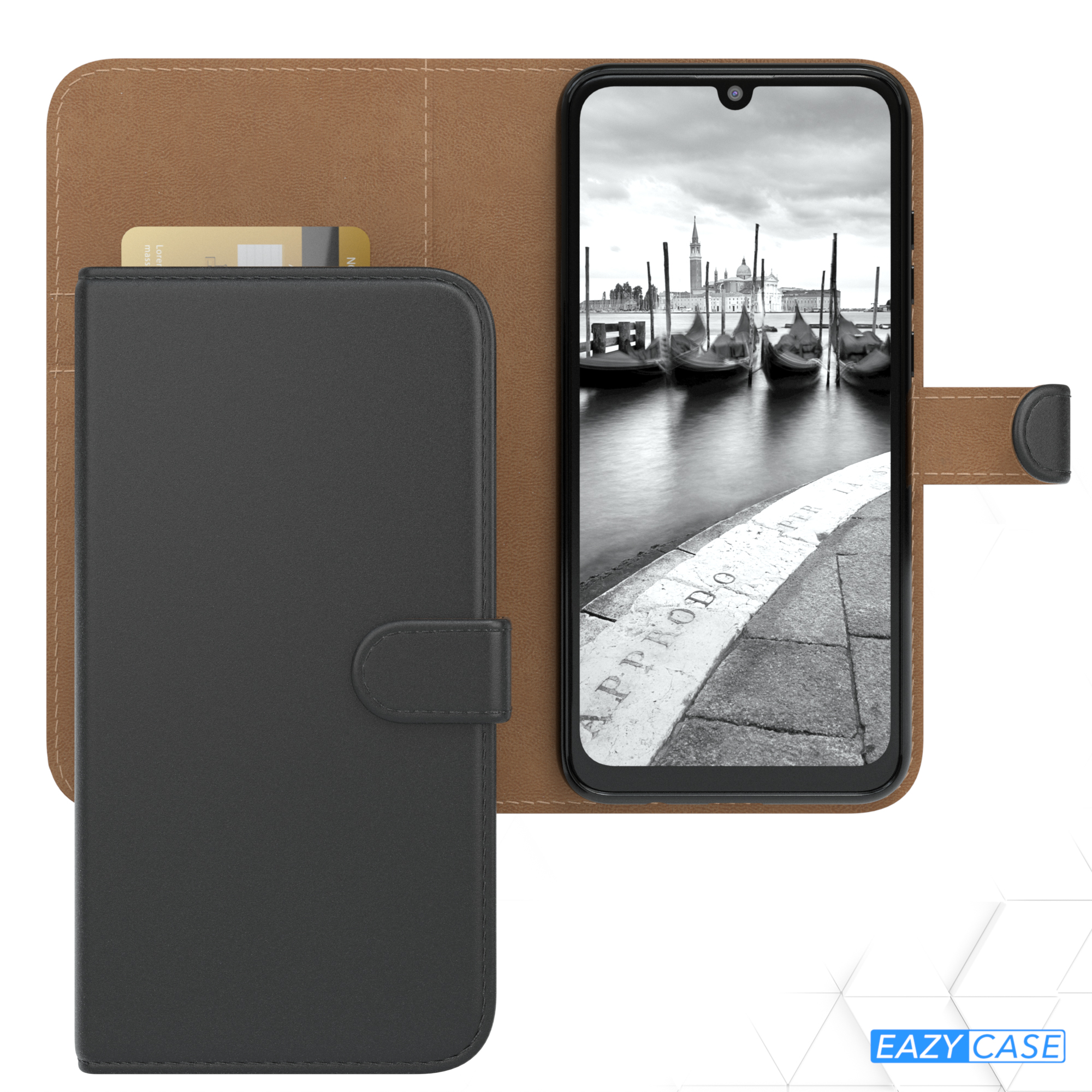 Schwarzes Handycase mit braunem Portemonnaie, das ein Schwarz-Weiß-Bild von Gondeln zeigt.