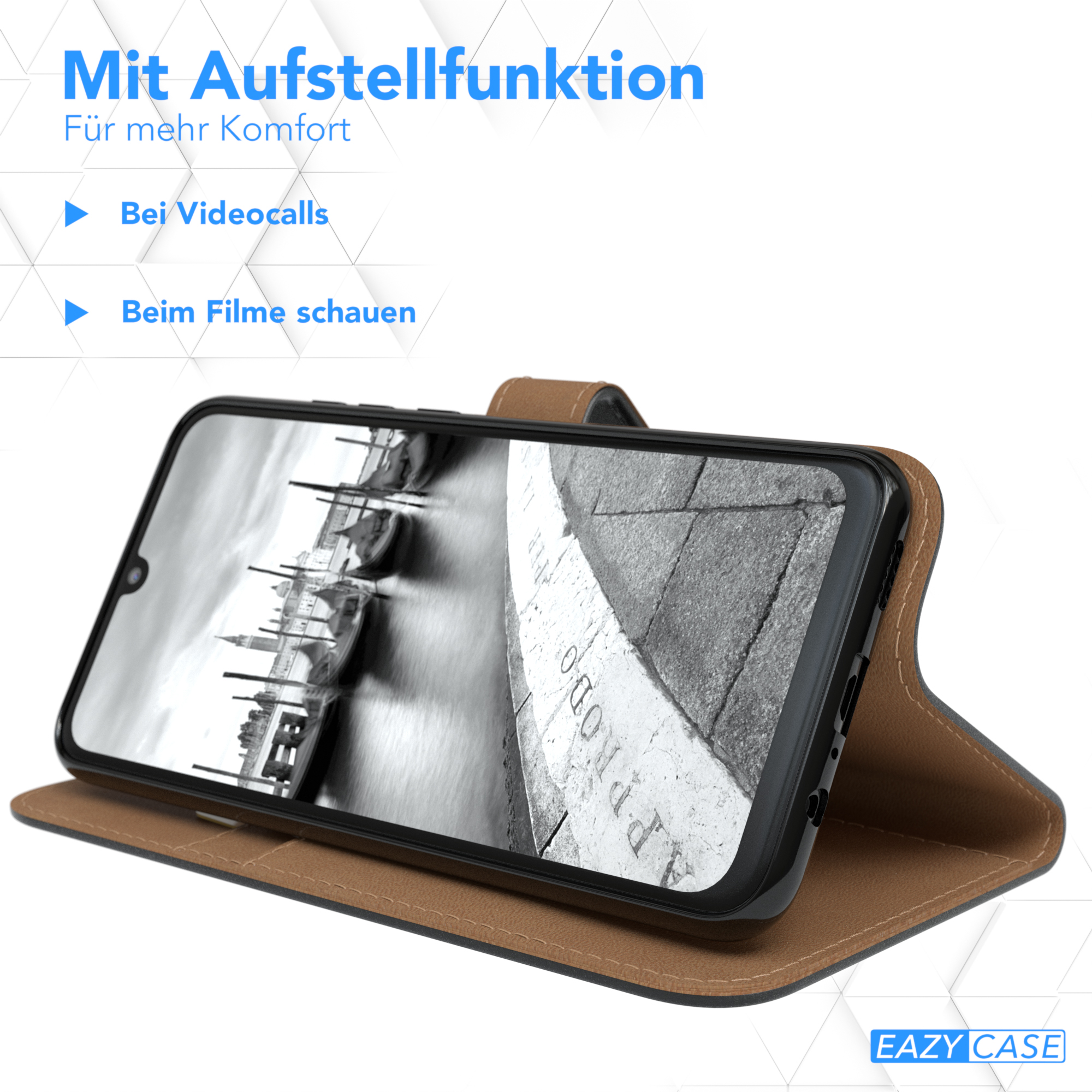 Telefon in brauner Hülle, aufgestellt. Kanal-Foto auf dem Bildschirm.