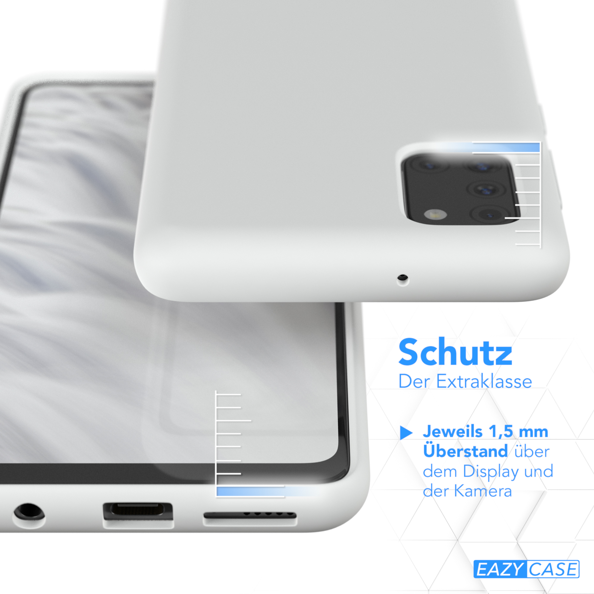 Weiße Handyhülle, Schutzfunktionen für Display und Kamera zeigend.
