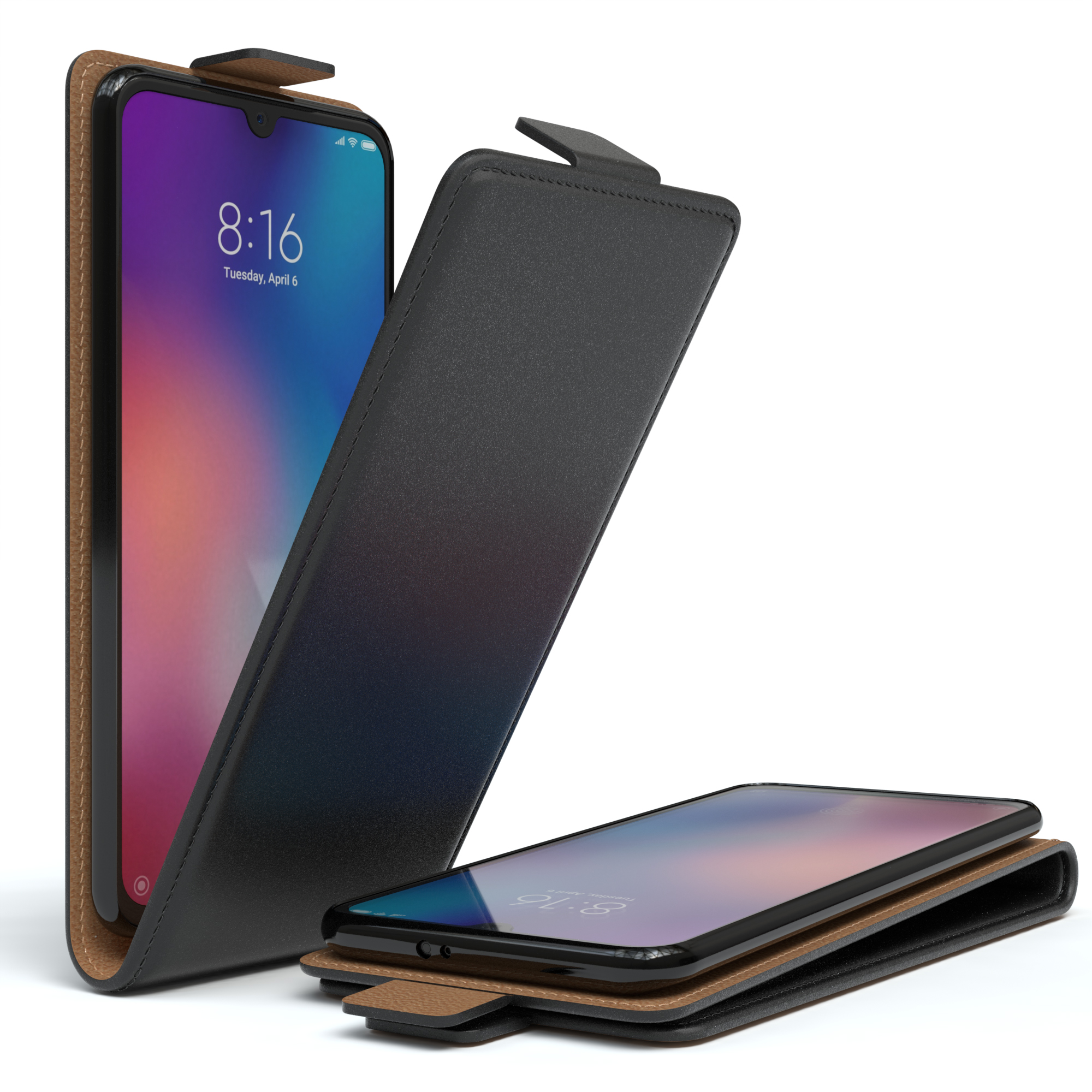 Schwarzes Telefon in brauner Lederhülle, offen und geschlossen, Bildschirm sichtbar.