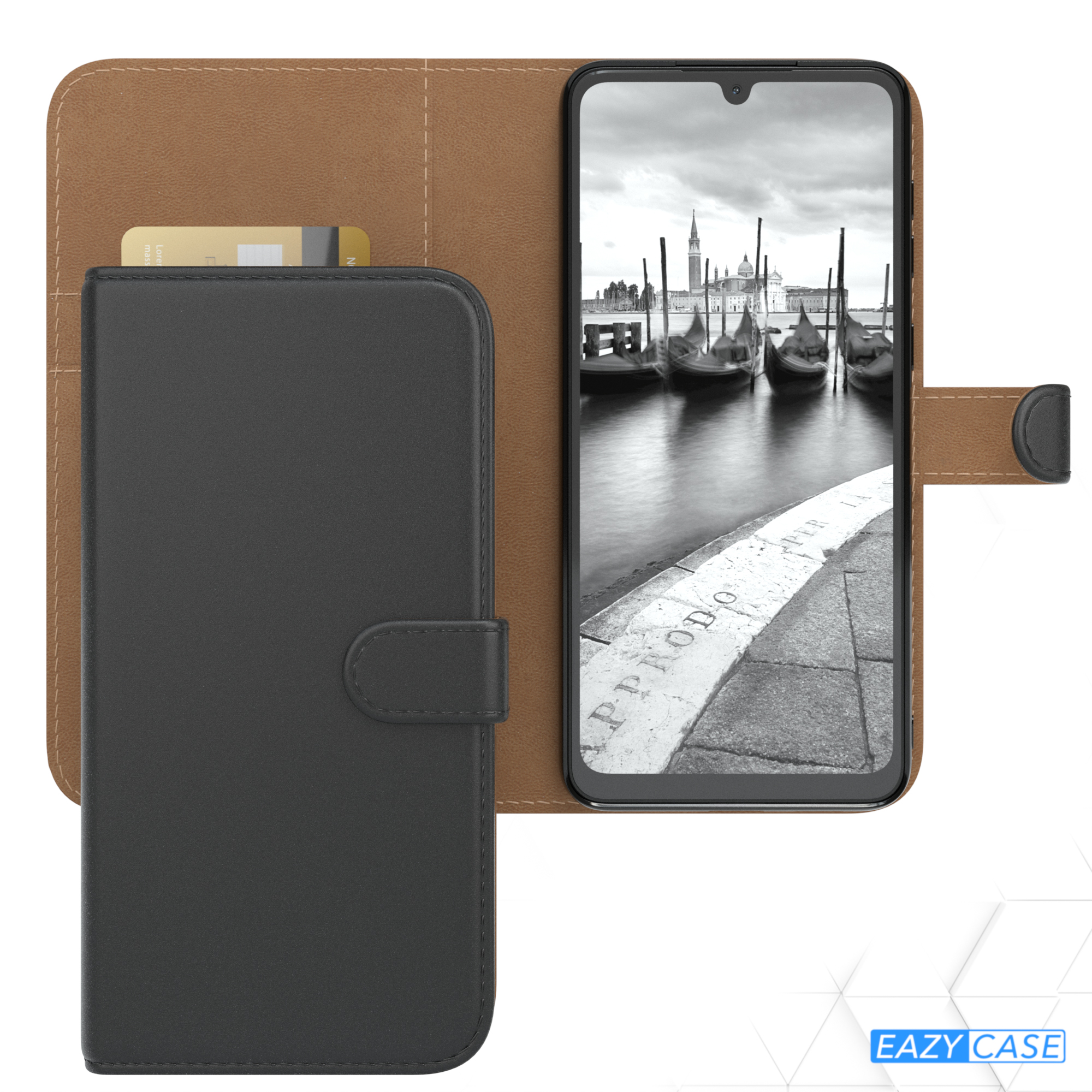 Geöffnete schwarze Handyhülle mit Gondel-Telefon. Braun-schwarzes Design. Magnetverschluss.