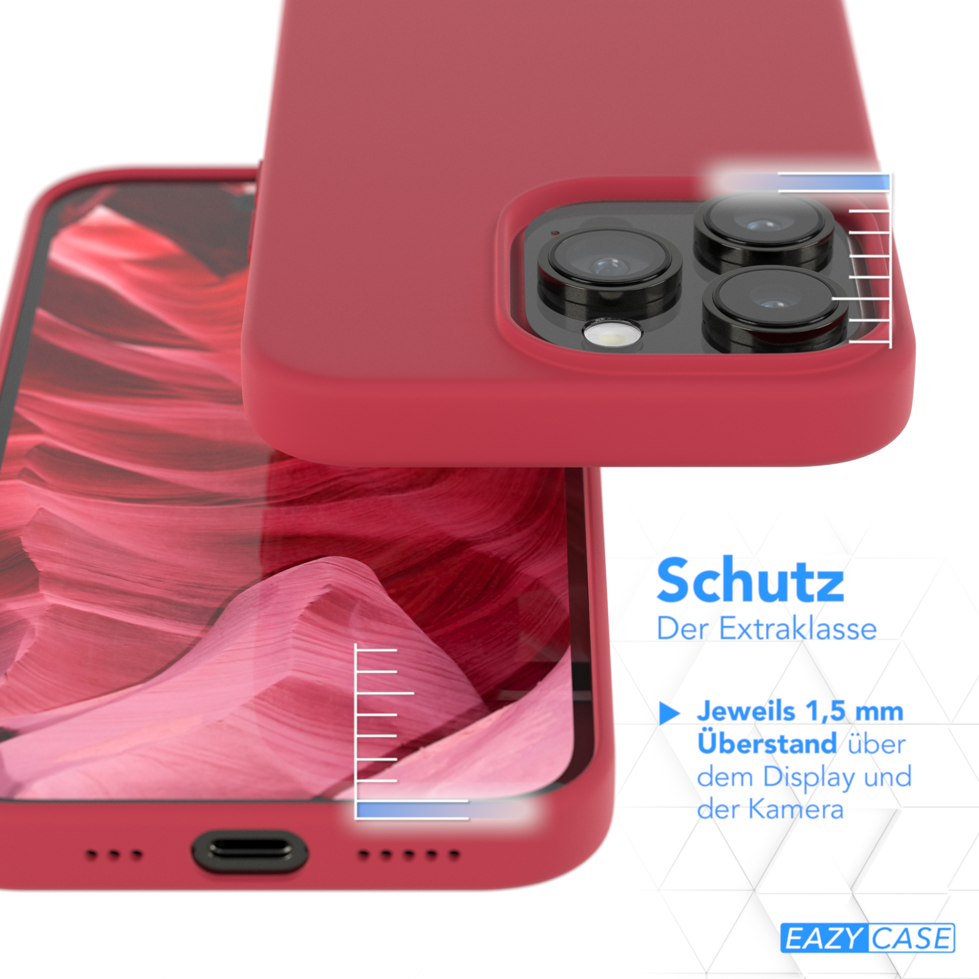 Rote Handyhülle, Telefon und Text über zusätzlichen Schutz. Nahaufnahme von Telefon und Hülle.