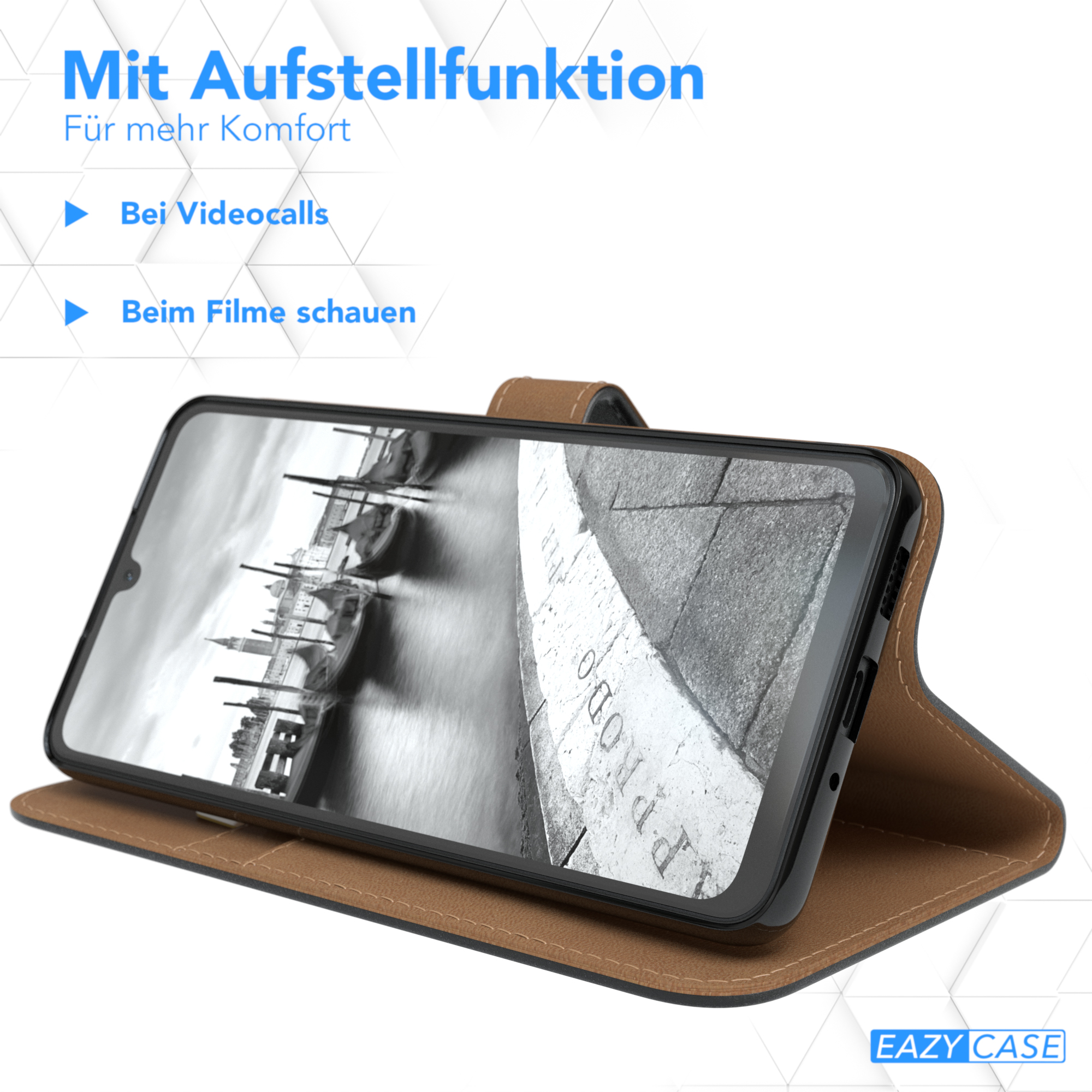 Ein Telefon in einer braunen Hülle, der Bildschirm ist nach oben geneigt und zeigt ein Bild auf dem Bildschirm.