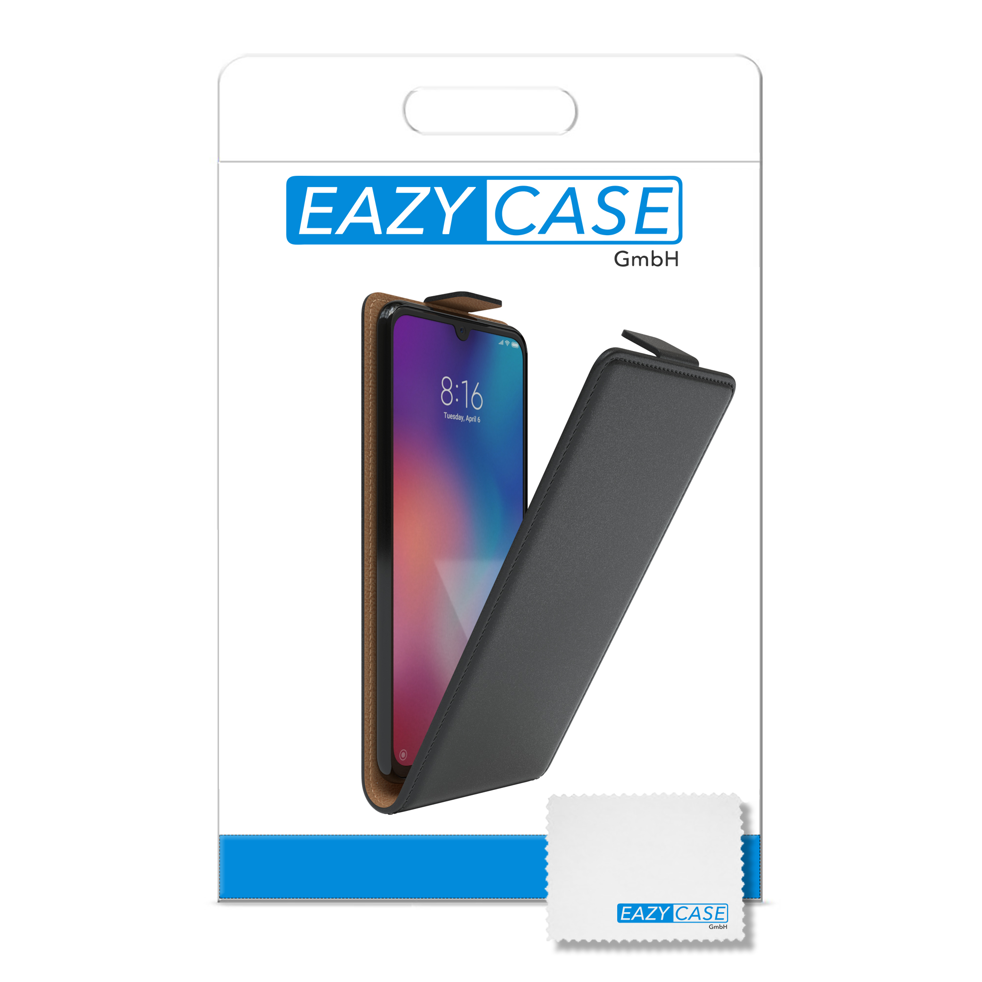 Eine Handyhülle mit einem Telefon darin, in einer weißen Box gezeigt. Das Telefon ist im Case.