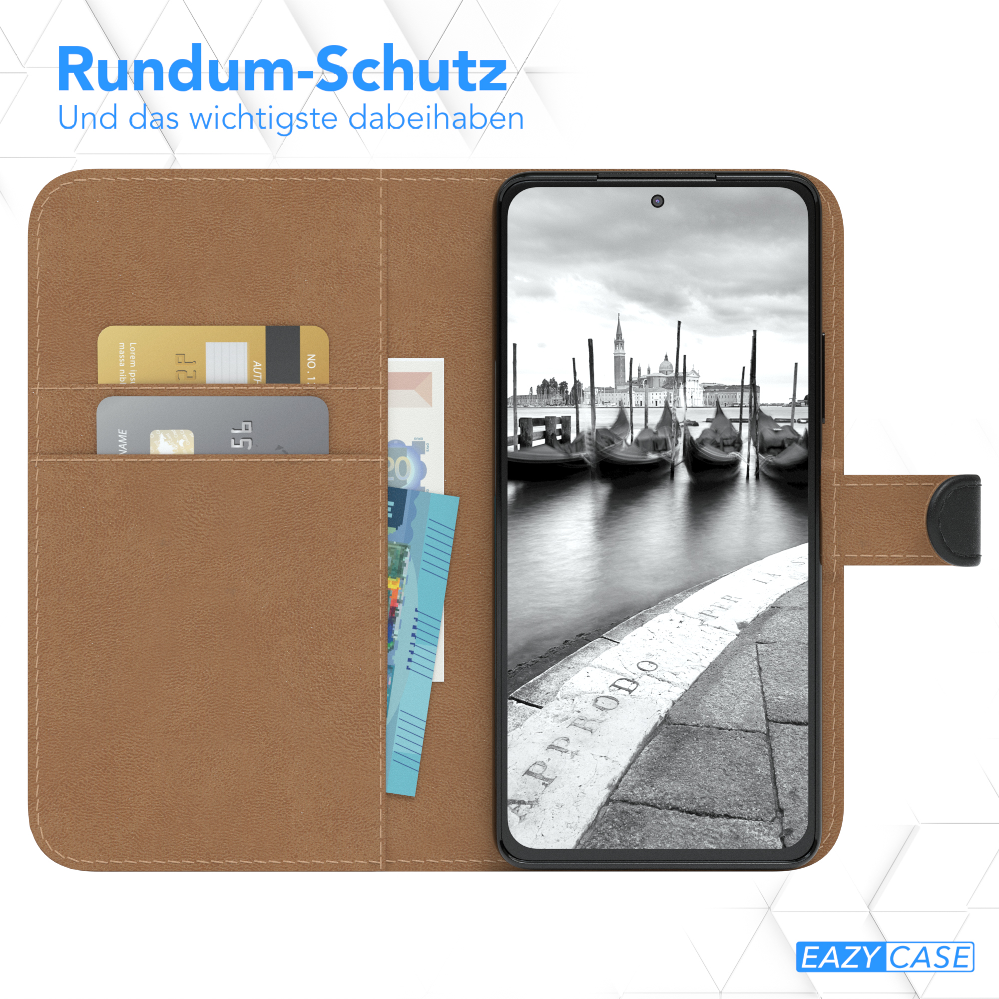 Geöffnete braune Handyhülle mit Telefon. Karte und Geld in den Fächern. Venedig-Szene auf dem Bildschirm.