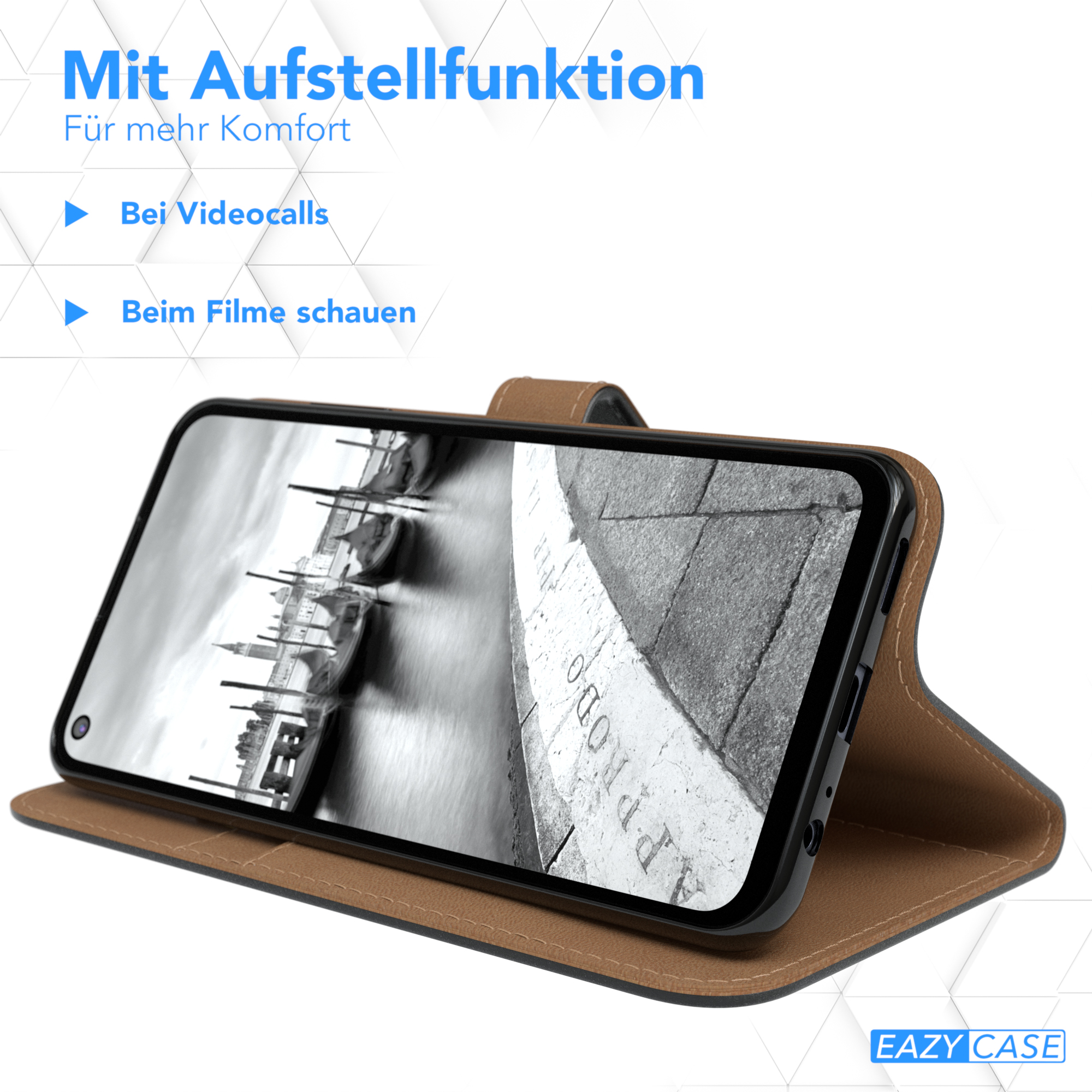 Ein Telefon in einer braunen Hülle mit einem Bildschirm, der ein Bild zeigt.