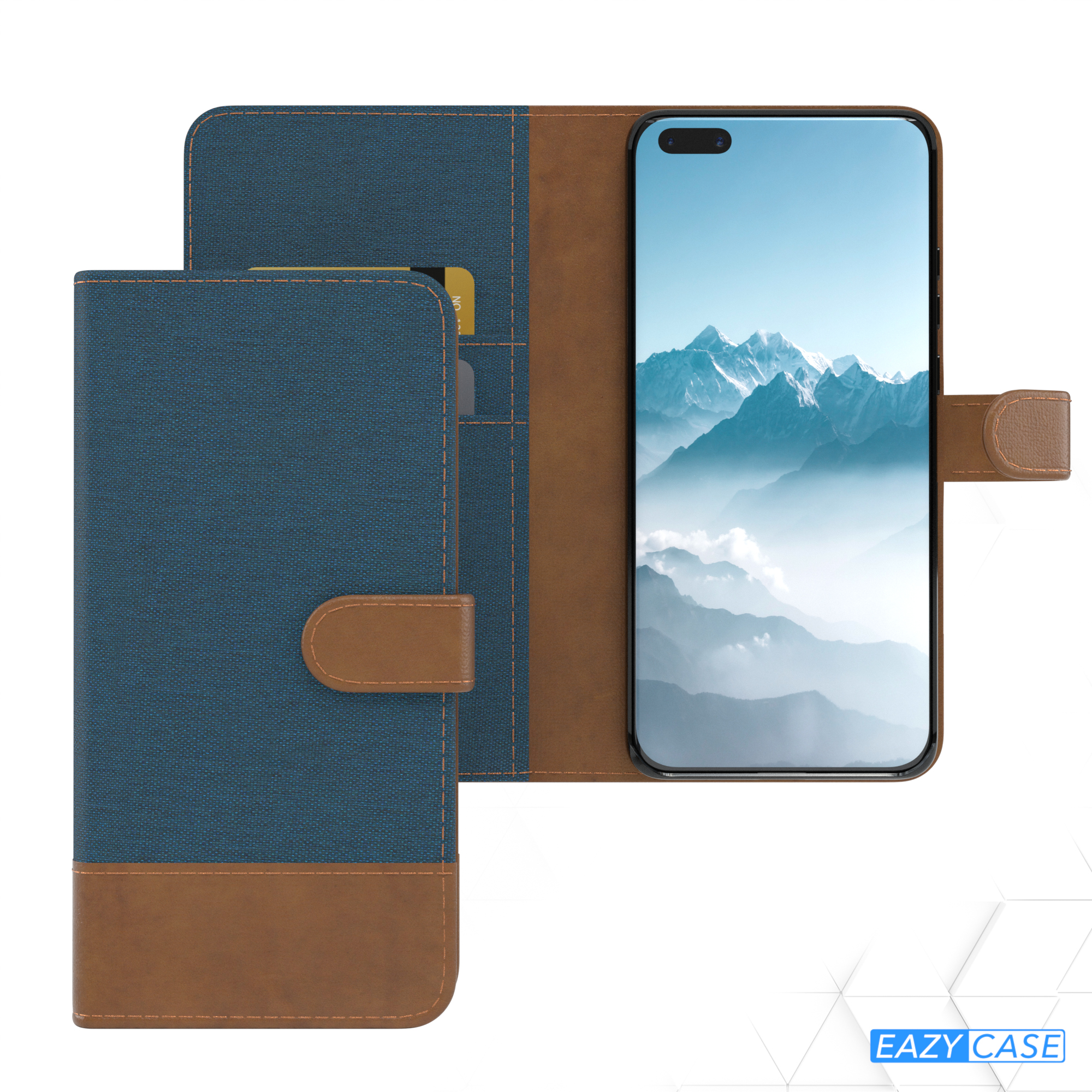 Blau-braune Handyhülle mit Telefon, Bildschirm und Kartenfächern. Leder und Stoff.