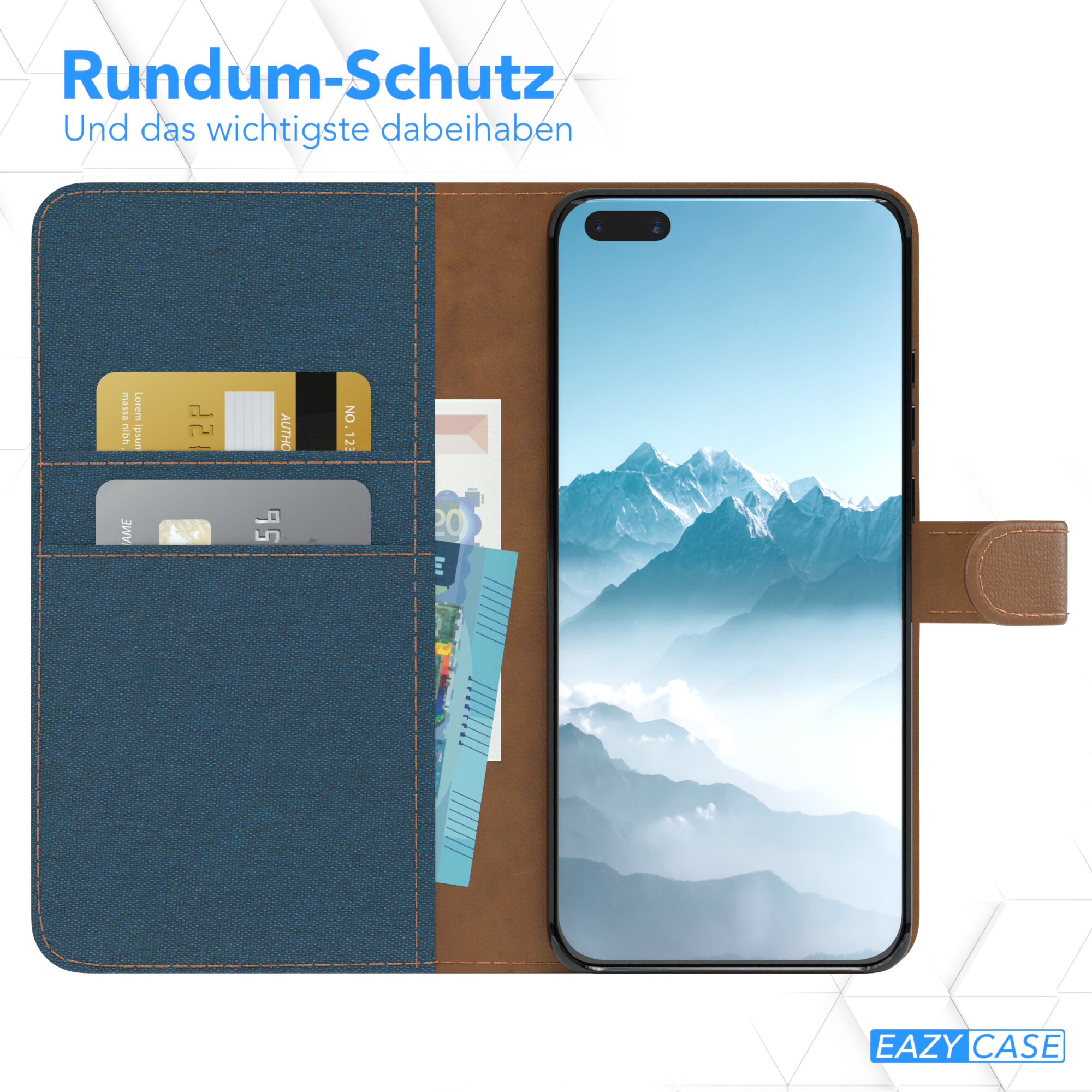 Handyhülle mit Kreditkarte, Bargeld und Telefon. Braune und blaue Farben.