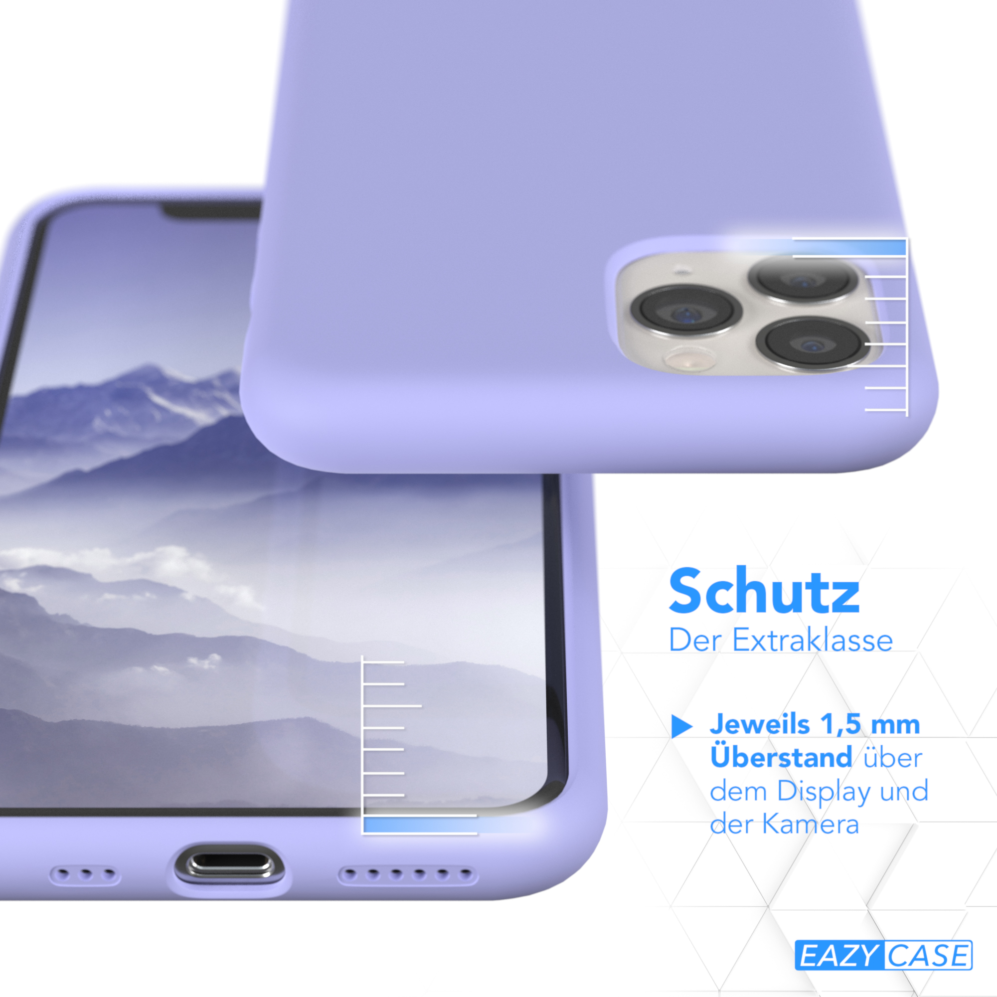 Eine lila Handyhülle auf einer weißen Oberfläche, mit einem Telefon darin.
