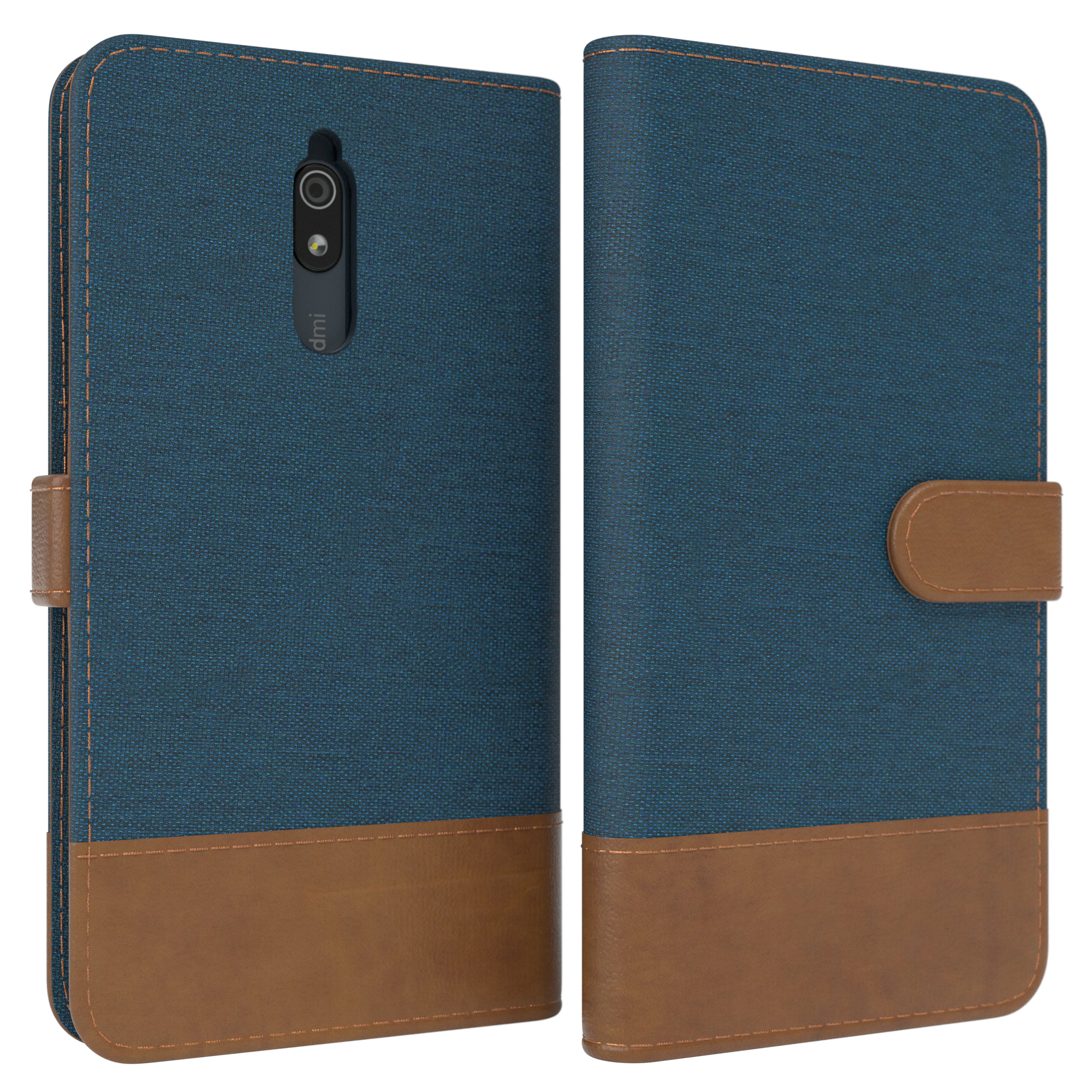 Eine blau-braune Handyhülle, offen, mit einem Telefon. Beide Seiten zeigen die Hülle.