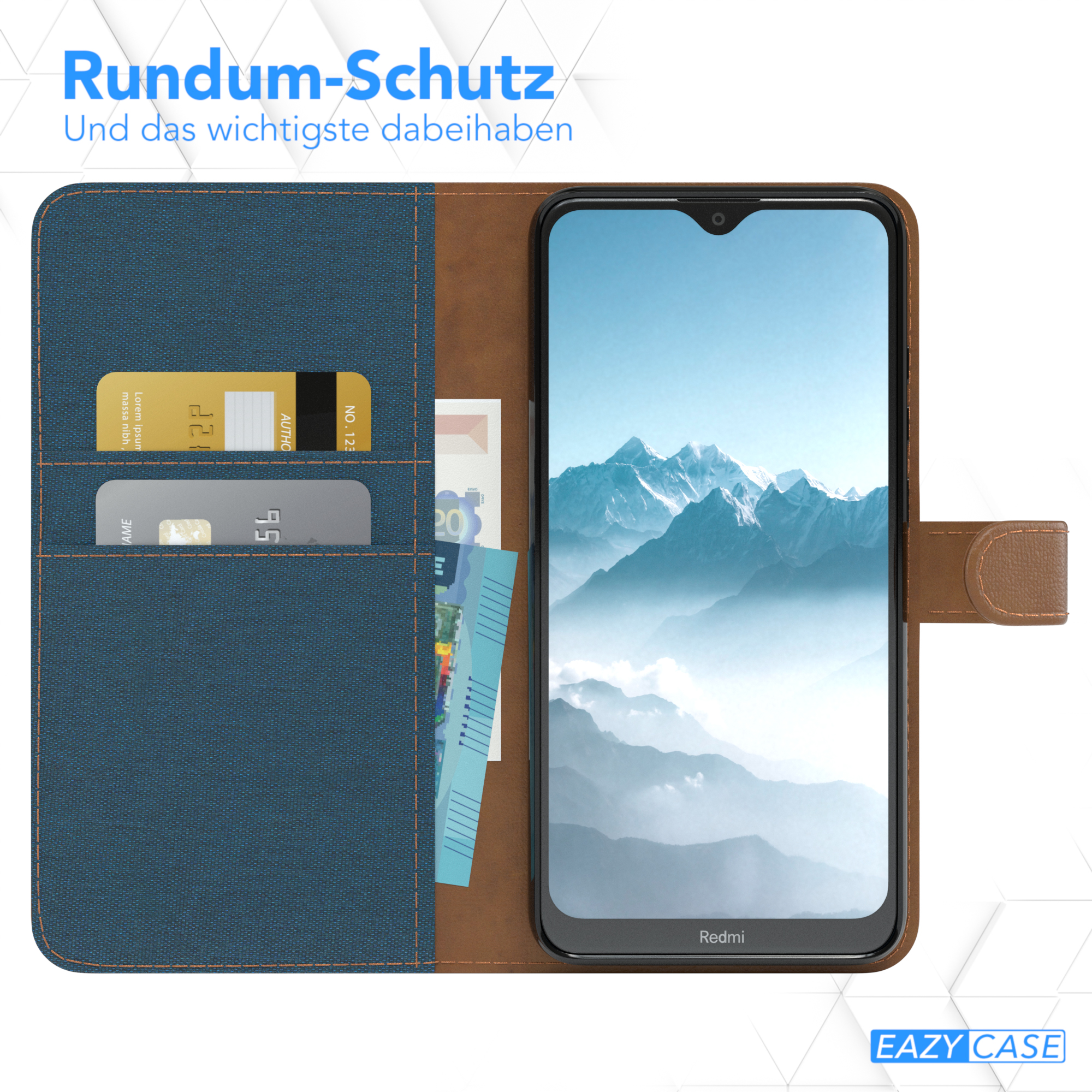 Telefonhülle offen mit Geldbörse und Telefon. Berg-Bild auf dem Telefon. Braunleder und blauer Stoff.