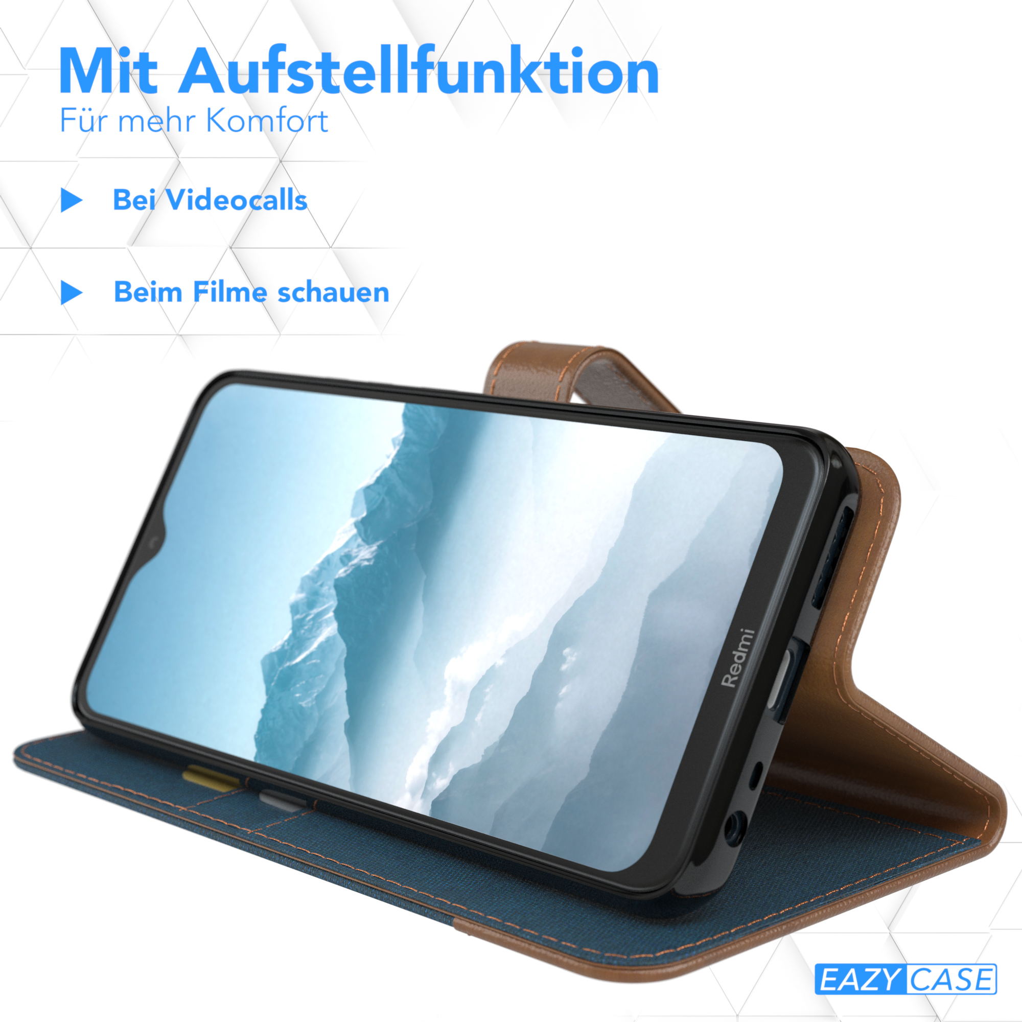 Ein Telefon ist aufgestellt und zeigt einen Bildschirm. Das Telefon hat eine braun-blaue Hülle.