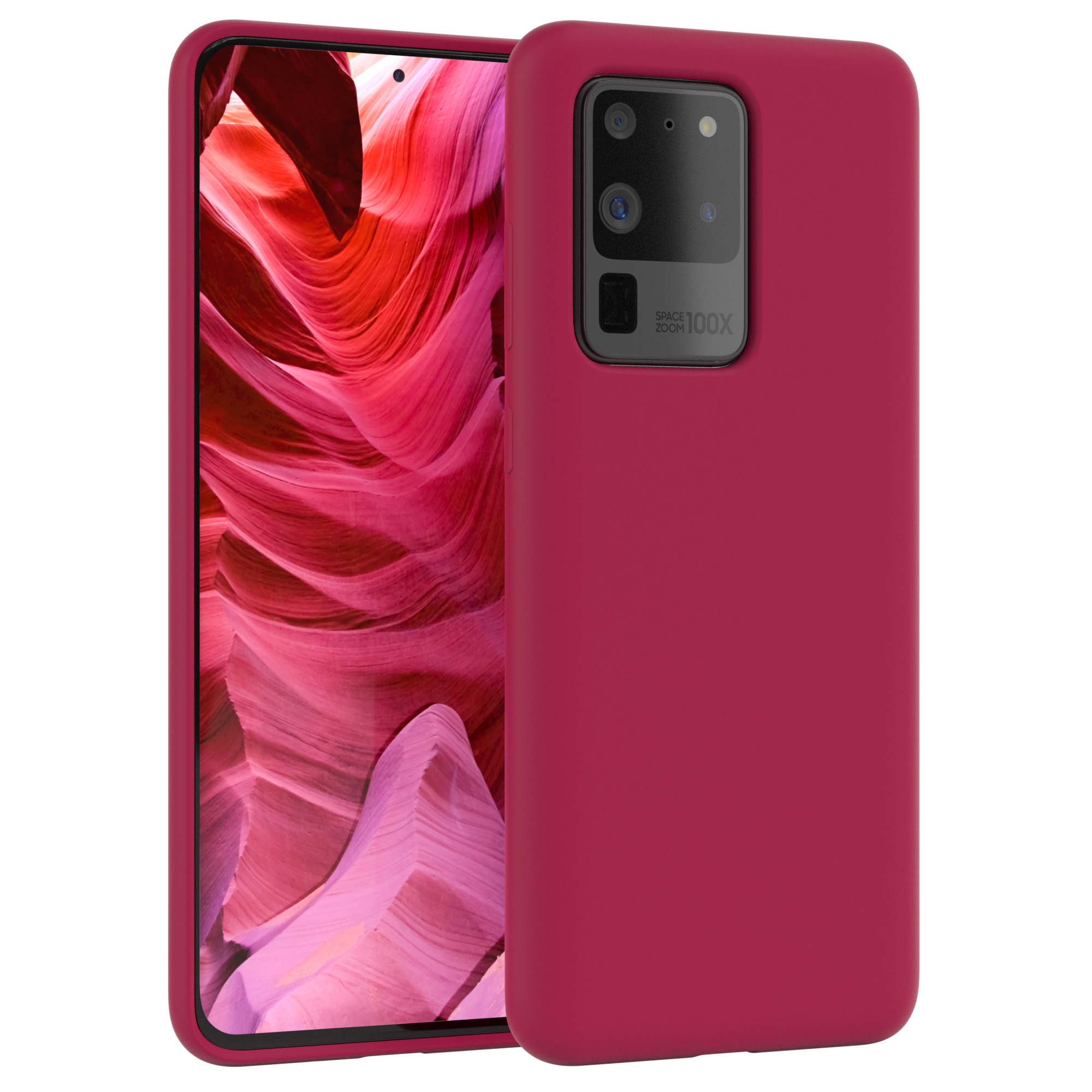 Rote Handyhülle mit Telefon, das eine rote Landschaft zeigt. Kamera auf der Rückseite sichtbar.