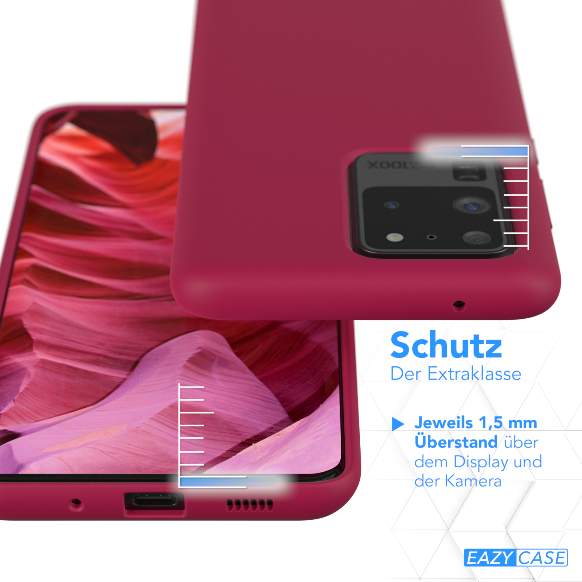 Rote Handyhülle mit Telefon. Text und Skala zeigen den Schutz des Telefons.