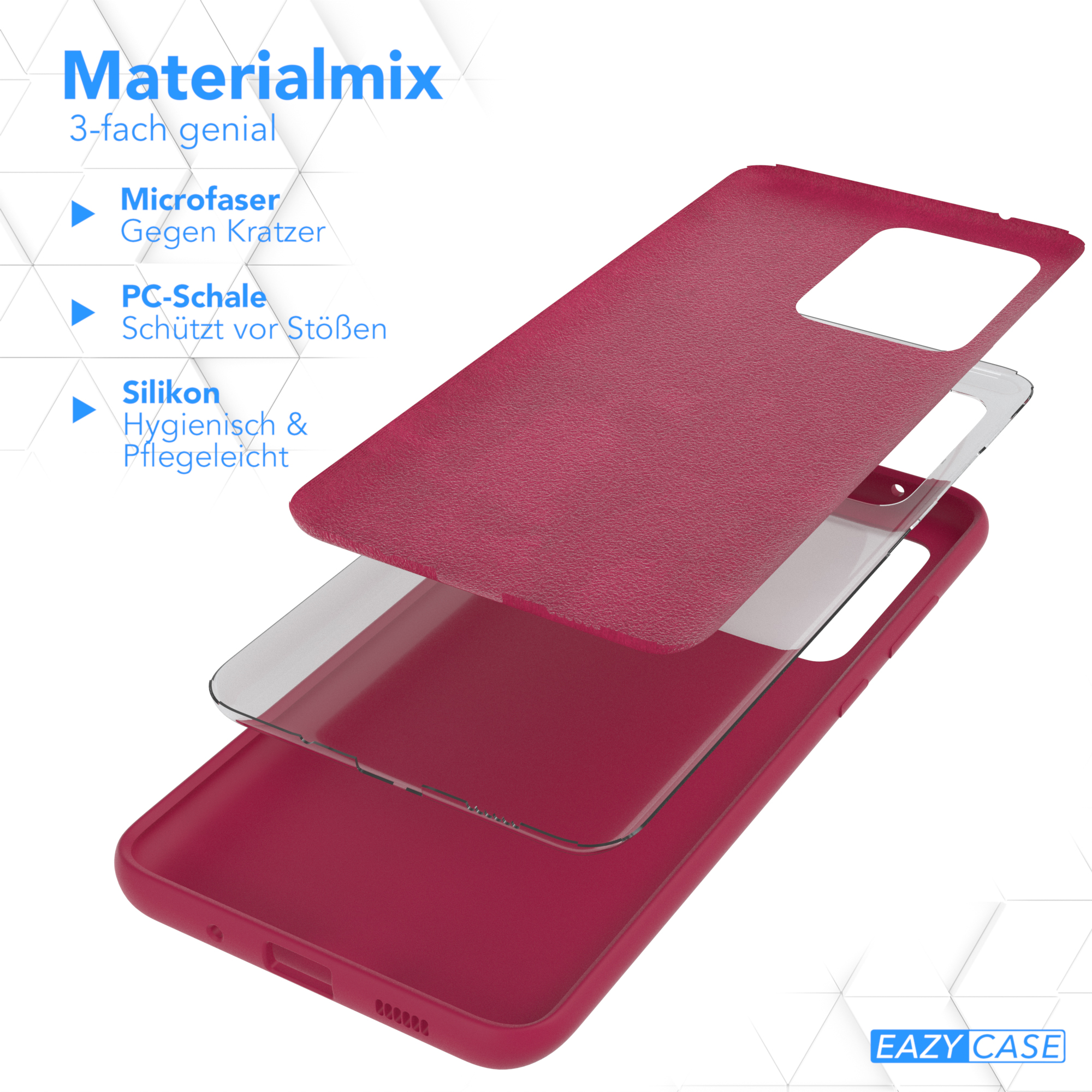 Dreischichtige Handyhüllen-Komponenten: Mikrofaser, PC-Schale und Silikon. Text: Materialmix, 3-fach genial.