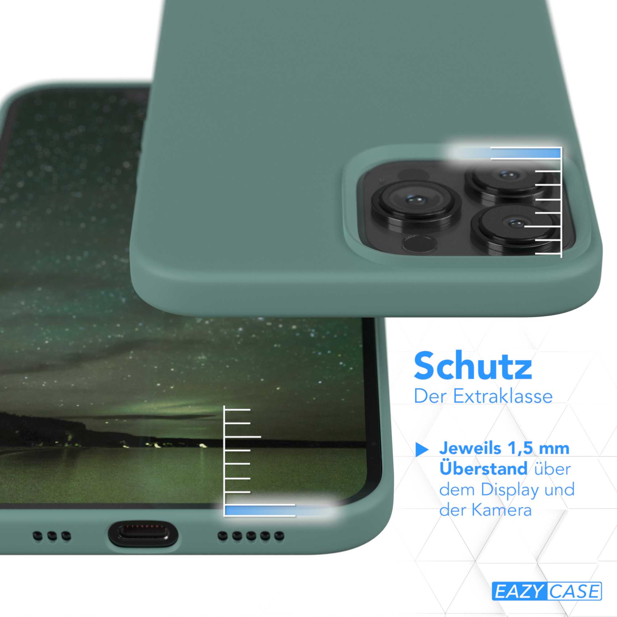 Nahaufnahme einer grünen Handyhülle mit Telefon im Inneren, Kamera und Maße zeigend.