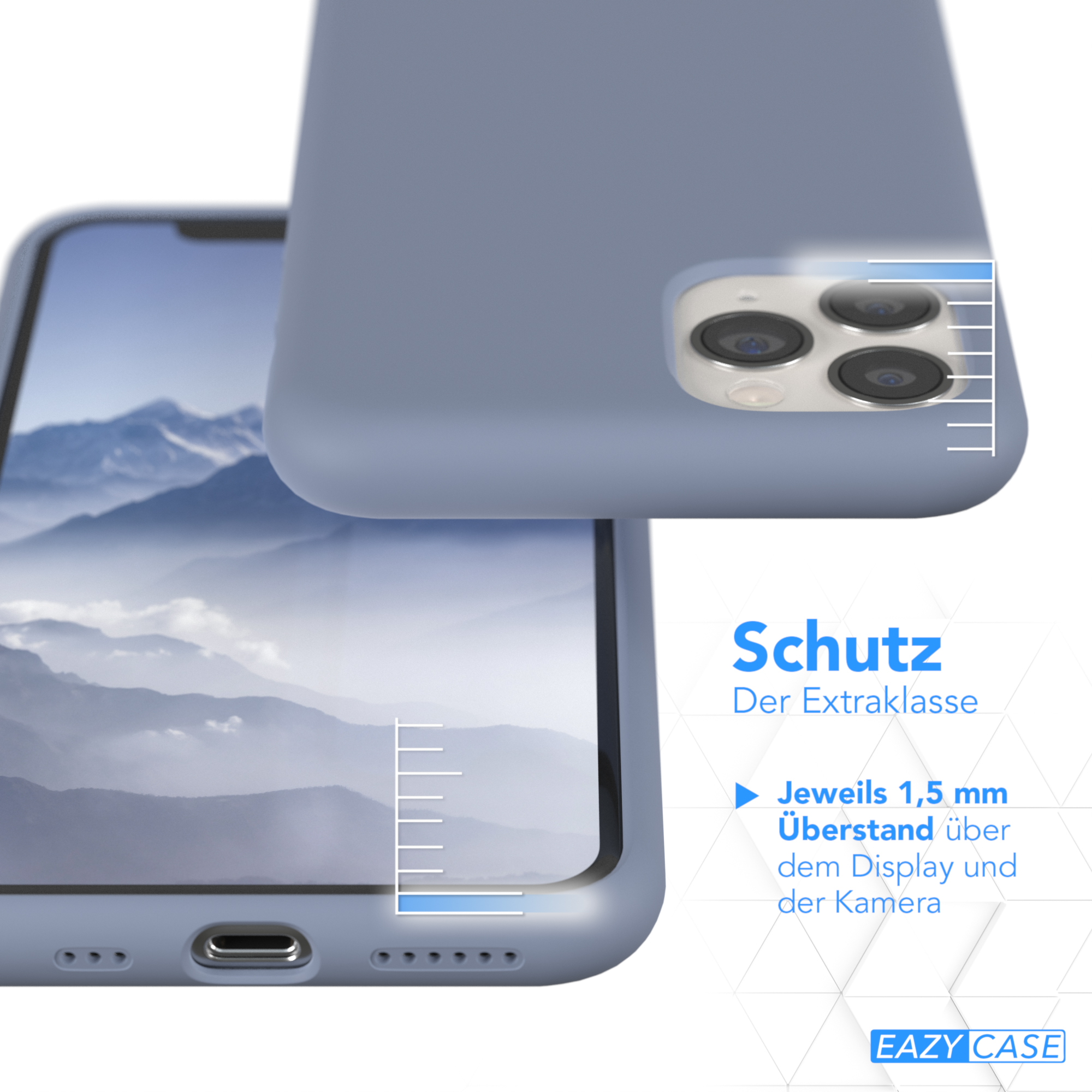 Telefon in blauer Hülle, die den zusätzlichen Schutz zeigt. Text: Schutz, 1,5 mm Überstand.