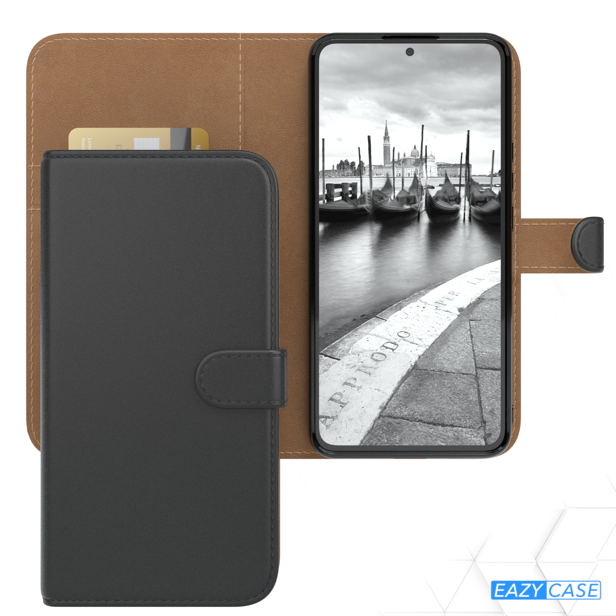 Telefon in schwarzer Lederhülle, Venedig-Bild. Hülle offen und geknöpft.