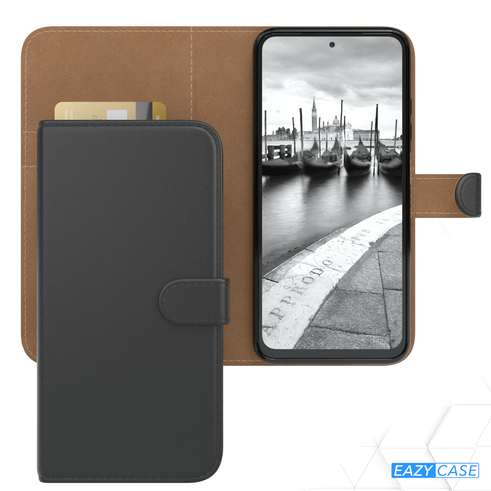 Telefon in schwarzer und brauner Lederhülle, offen. Bild von Venedig auf dem Bildschirm. Karte im Inneren.