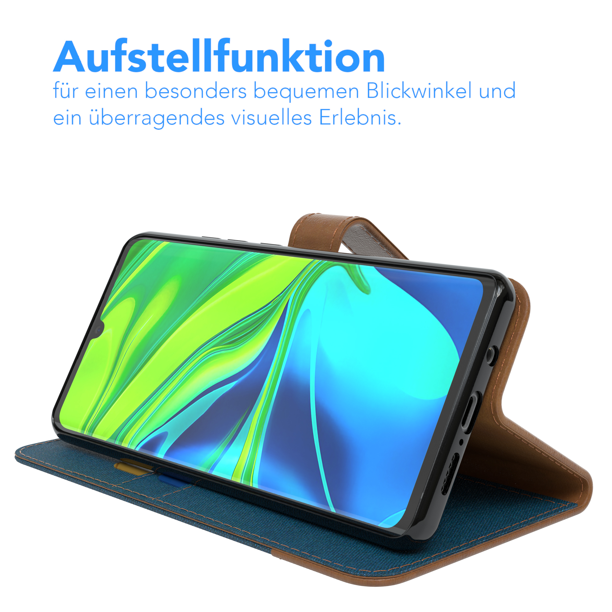 Telefon in brauner Hülle, geöffnet, Bildschirm anzeigend. Blaue und grüne Grafiken sichtbar.