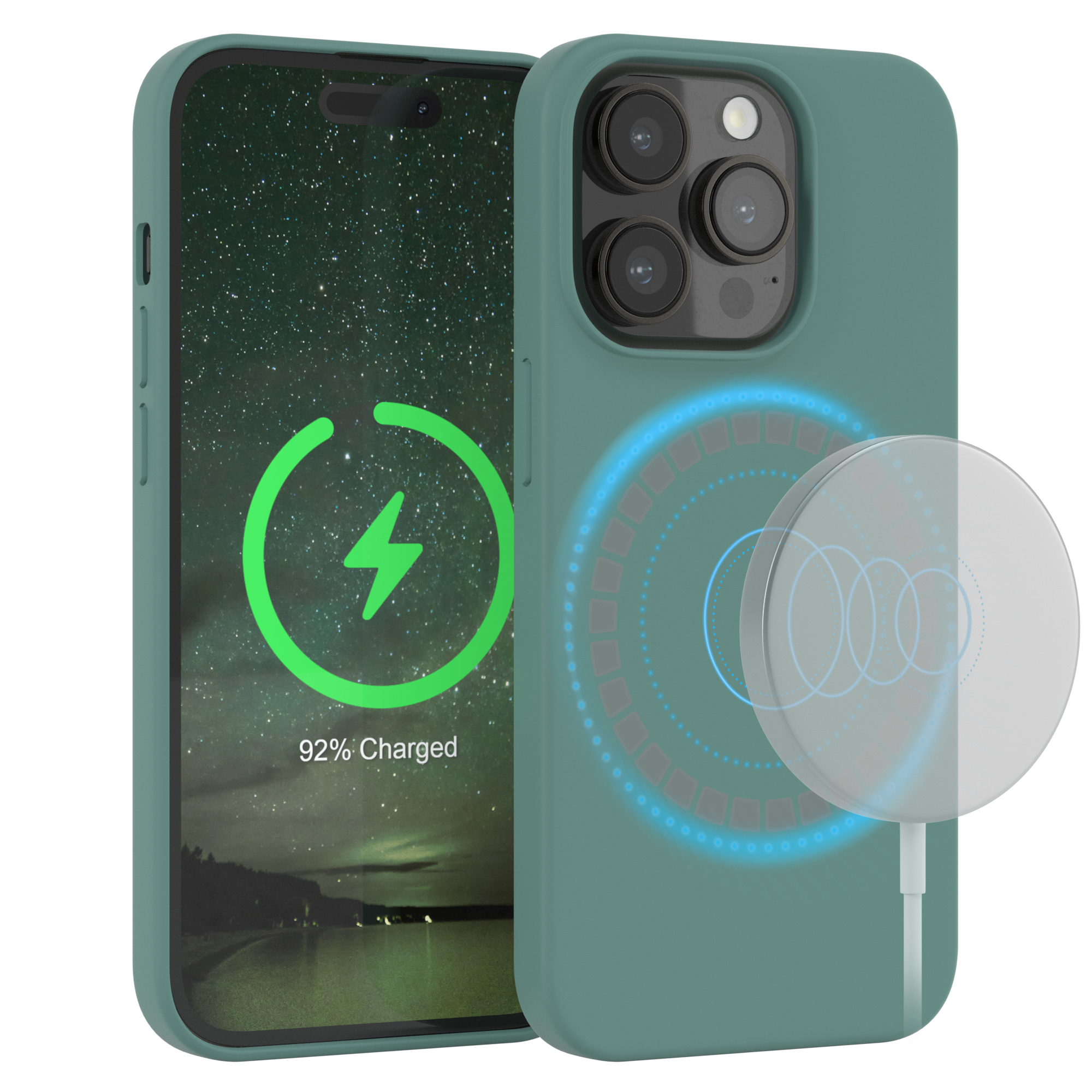Türkisfarbene Handyhülle mit Telefon, lädt. Telefon zeigt Ladesymbol und 92% geladen.