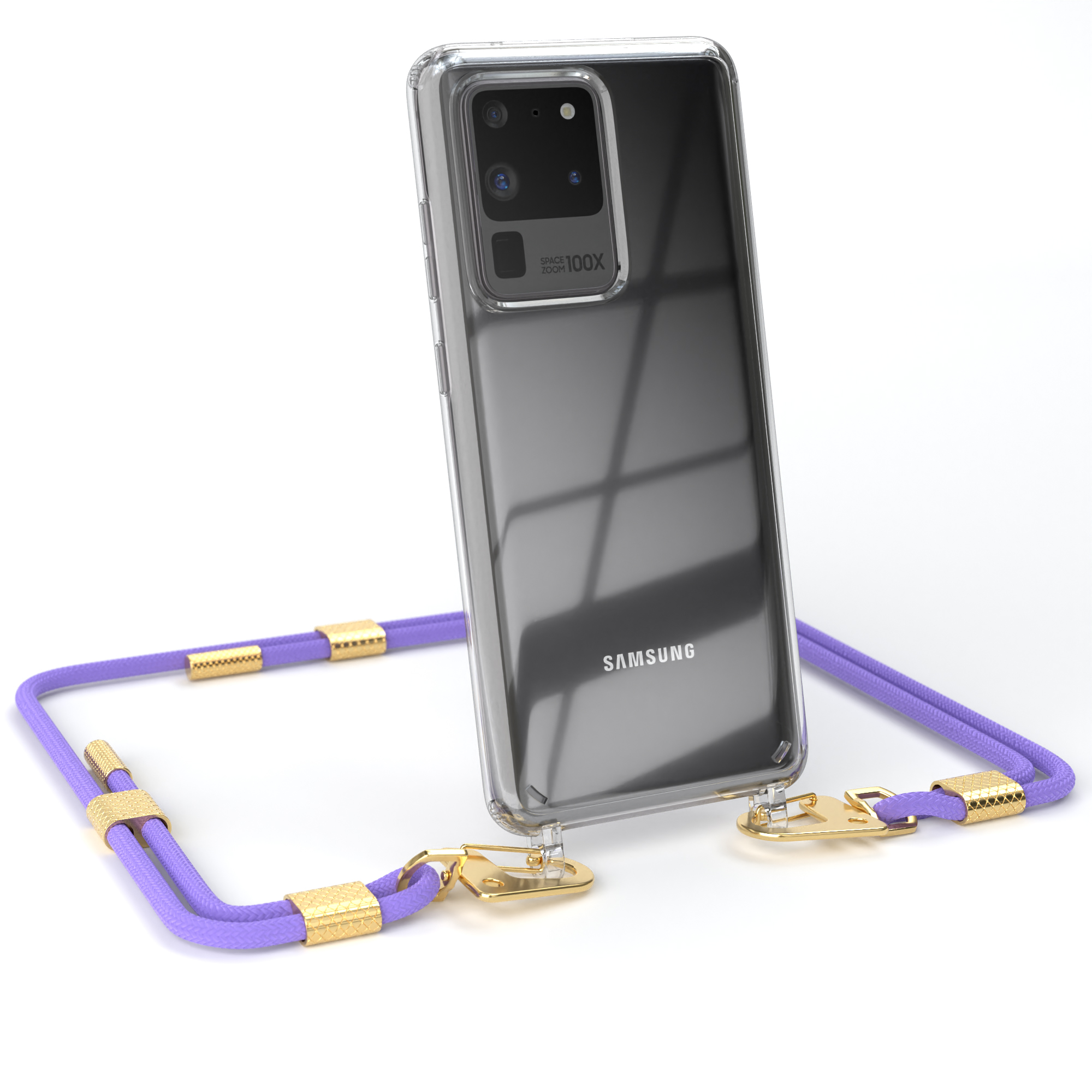 / EAZY Handyhülle + mit Galaxy Samsung, Transparente S20 Ultra Ultra Karabiner, / Lila Kordel S20 Umhängetasche, runder Flieder 5G, CASE Gold