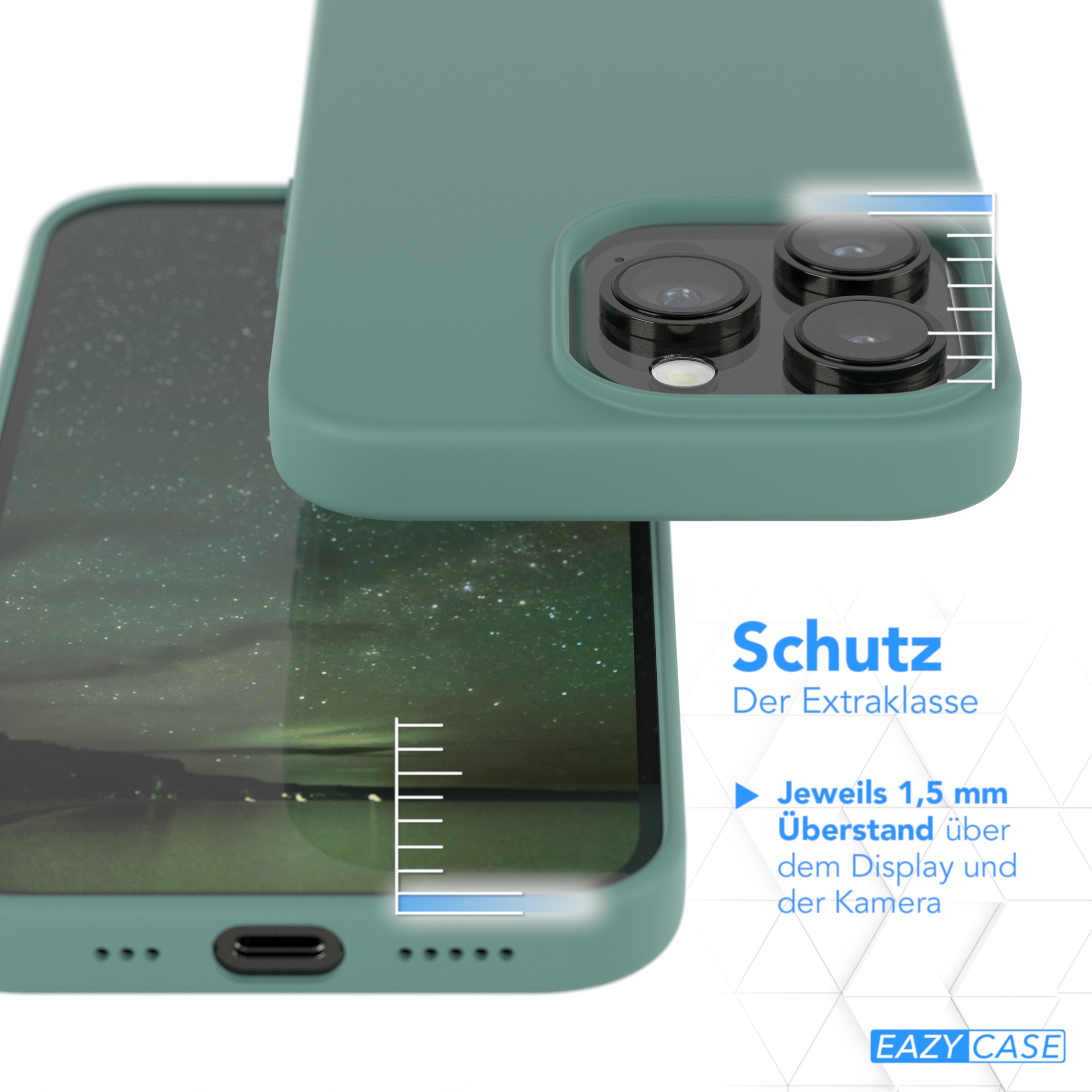 Grüne Handyhülle mit Telefon, zeigt Details zum Kameraschutz.