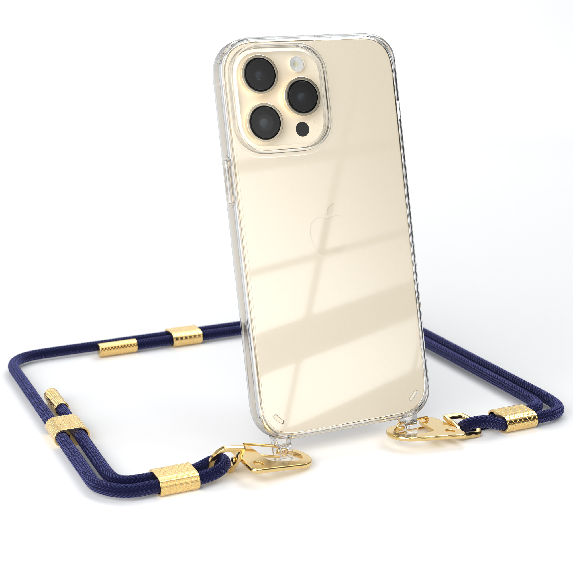 EAZY CASE Transparente Apple, Pro Gold Kordel + Umhängetasche, Handyhülle / 14 Max, runder Nachtblau mit iPhone Karabiner