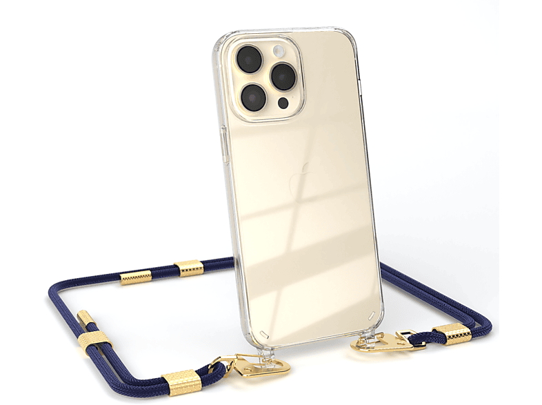 EAZY CASE Transparente Handyhülle mit runder Kordel + Karabiner, Umhängetasche, Apple, iPhone 14 Pro Max, Nachtblau / Gold