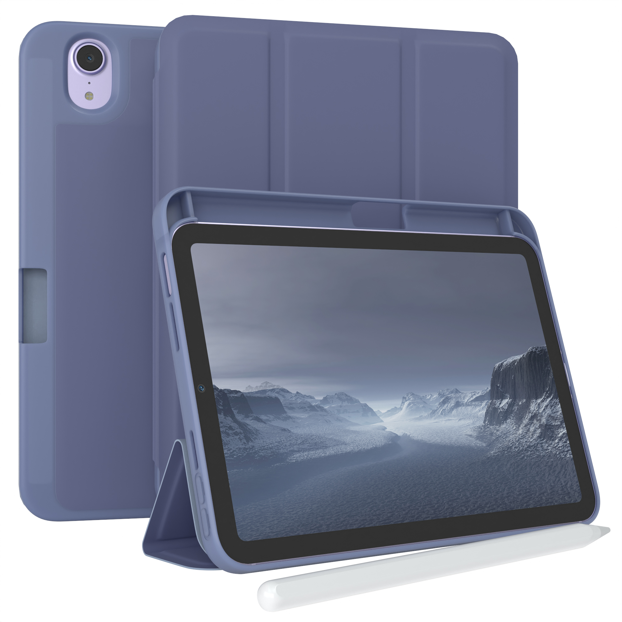 Blaue Tablethülle mit Tablet und Stift. Berge sind auf dem Tablet-Bildschirm.