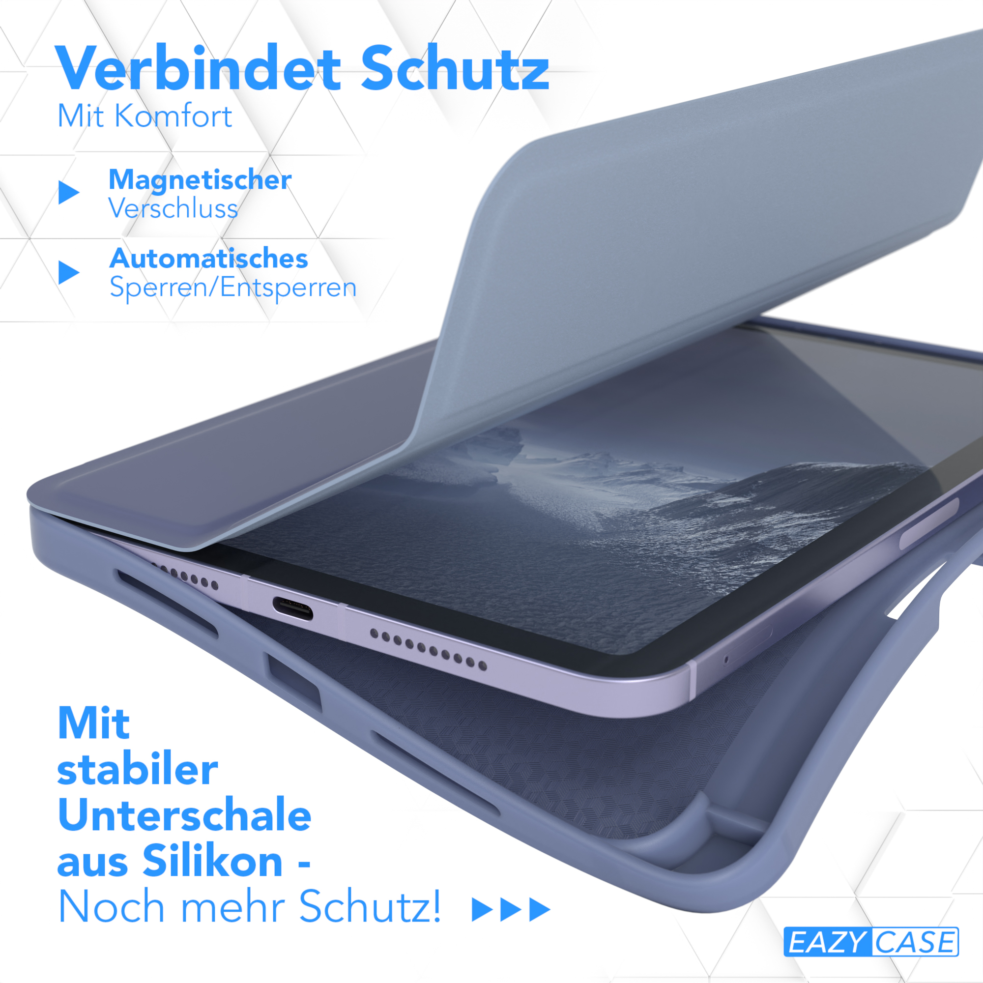 Blaue Tablethülle mit Tablet. Die Abdeckung ist geöffnet und zeigt den Bildschirm.