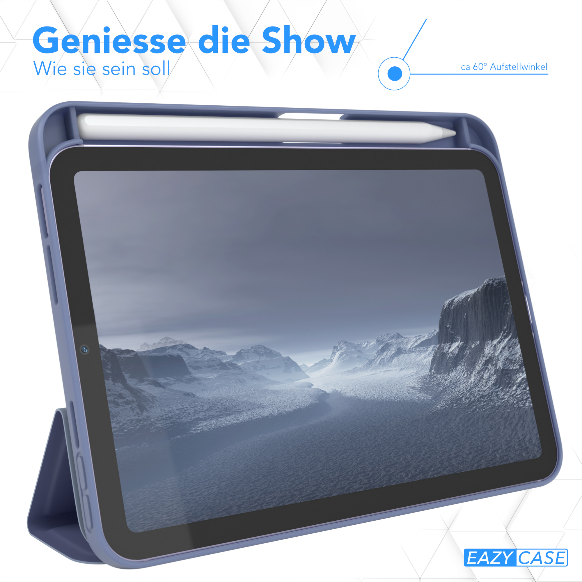 Eine blaue Tablet-Hülle mit einem Stift. Das Tablet steht auf einem Ständer und zeigt einen Hintergrund.