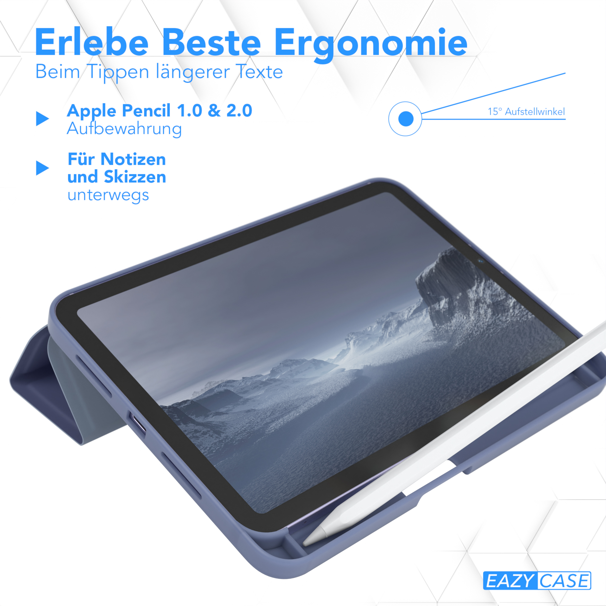 Tablet in blauer Hülle, Apple Pencil, Text hebt ergonomische Nutzung und Unterstützung für Notizen und Skizzen hervor.